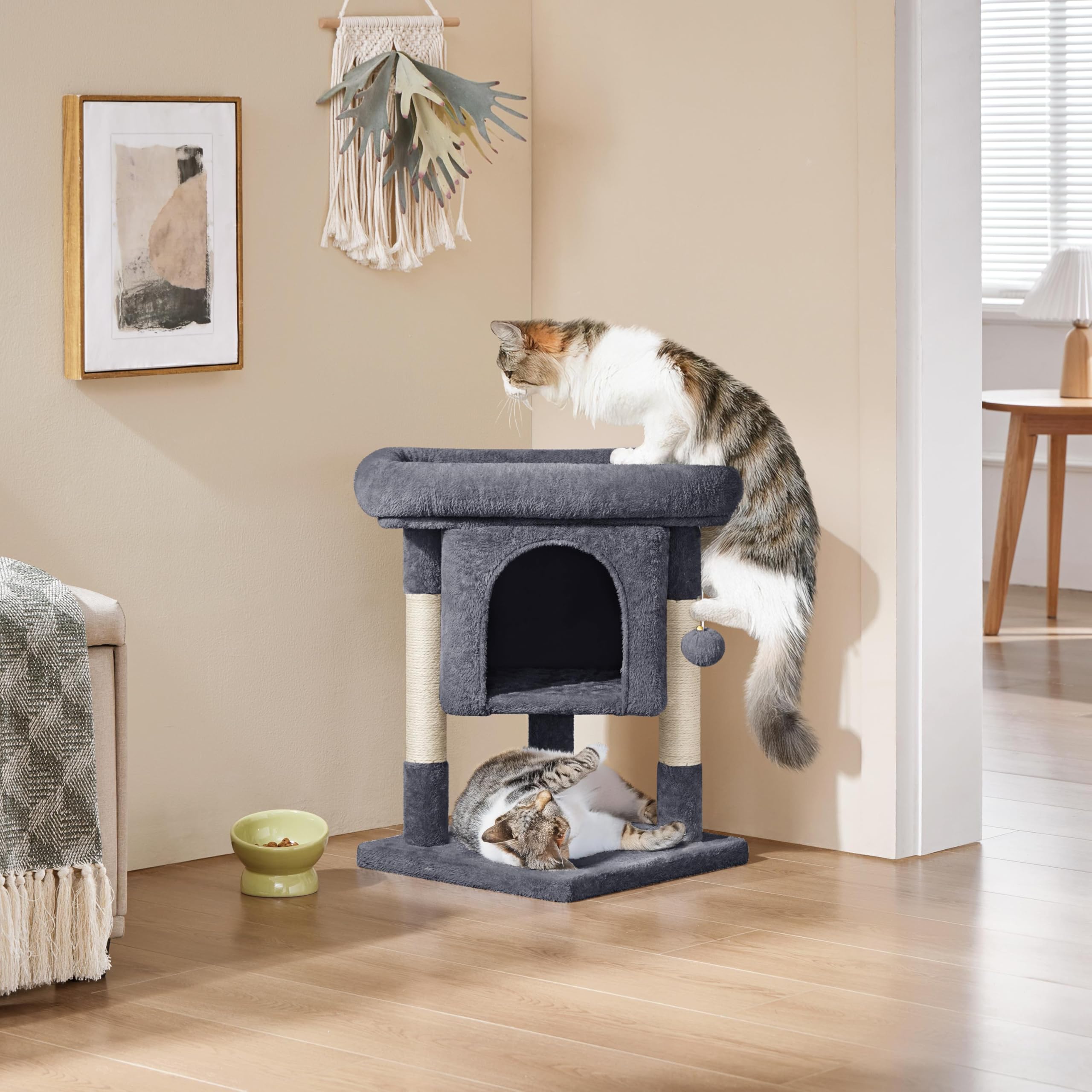 Yaheetech 59cm Basic Cat Tree Tower, Cat Scratching Post w/Oversized Perches, Condo and Hanging Ball, Pet Furniture House for Cats Kittens Pets, Dark Grey