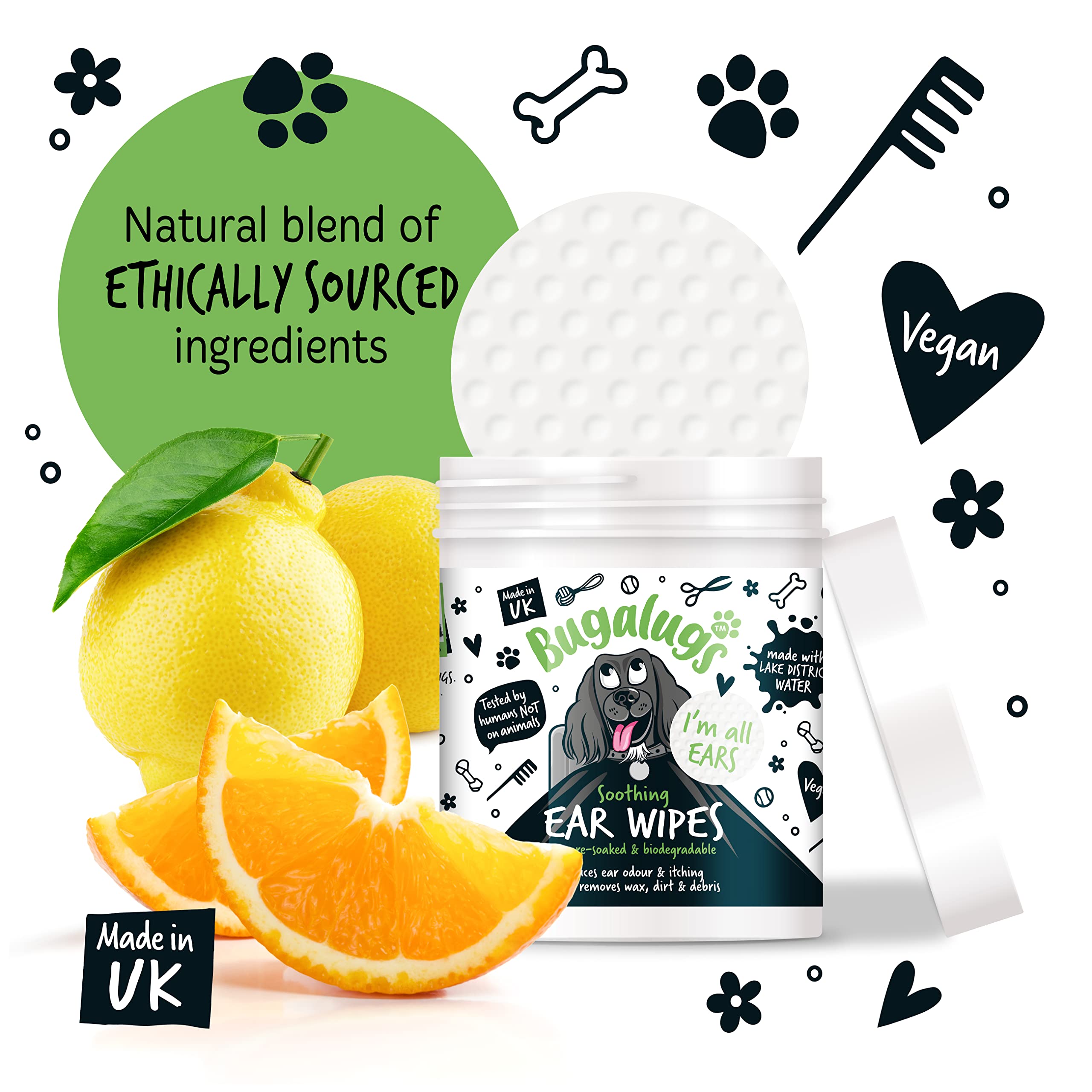 BUGALUGS Dog Ear Cleaner Dog Wipes 100 Biodegradable textured pre-soaked dog ear wipes. Pet Wipes Dog Ear Cleaner Solution Stops Head Shaking, Itching & Waxy Ears