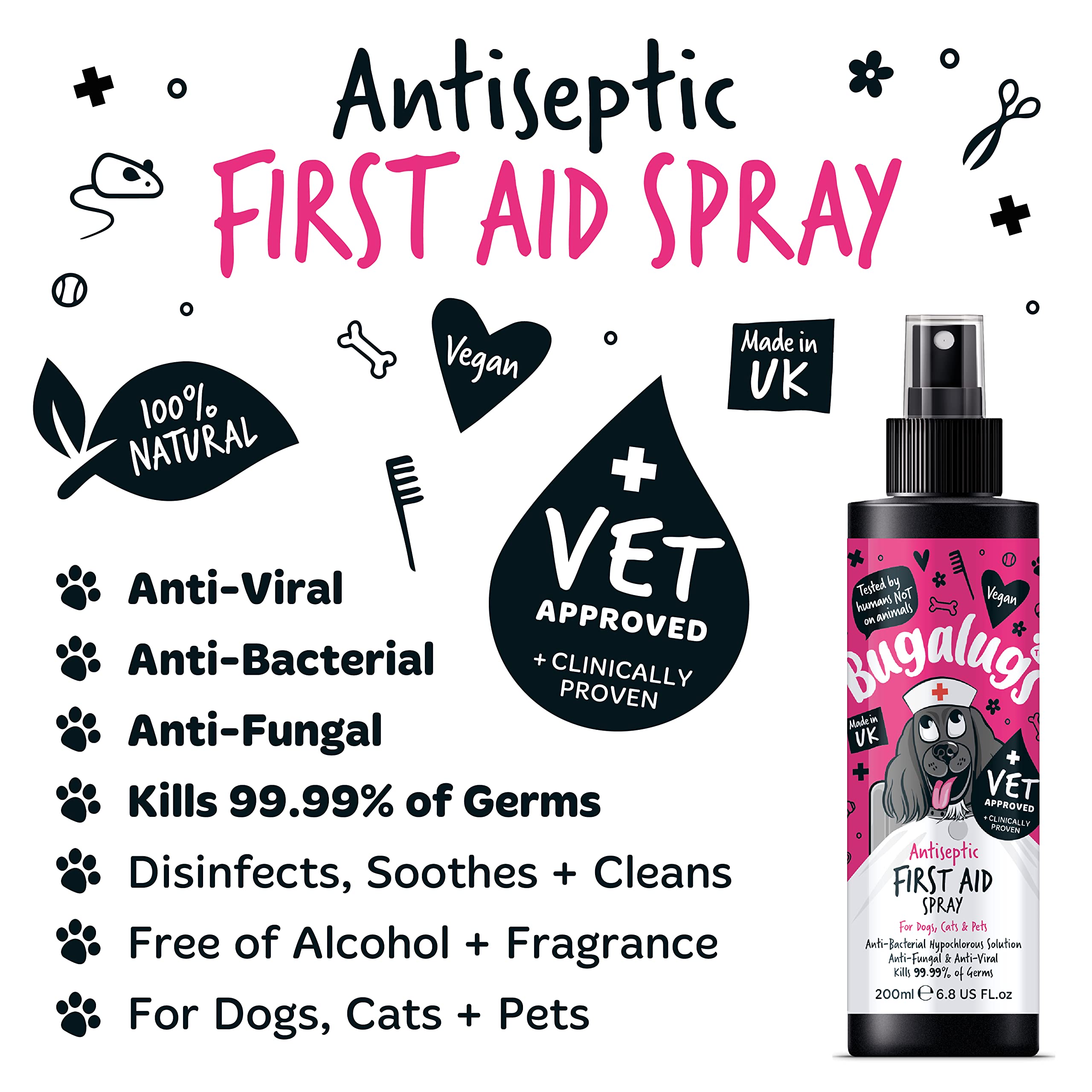 BUGALUGS First Aid Pet Antiseptic spray for dogs, puppy & cats 200ml - Antibacterial, Antiviral, Antifungal spray for cuts, wounds & itchy skin
