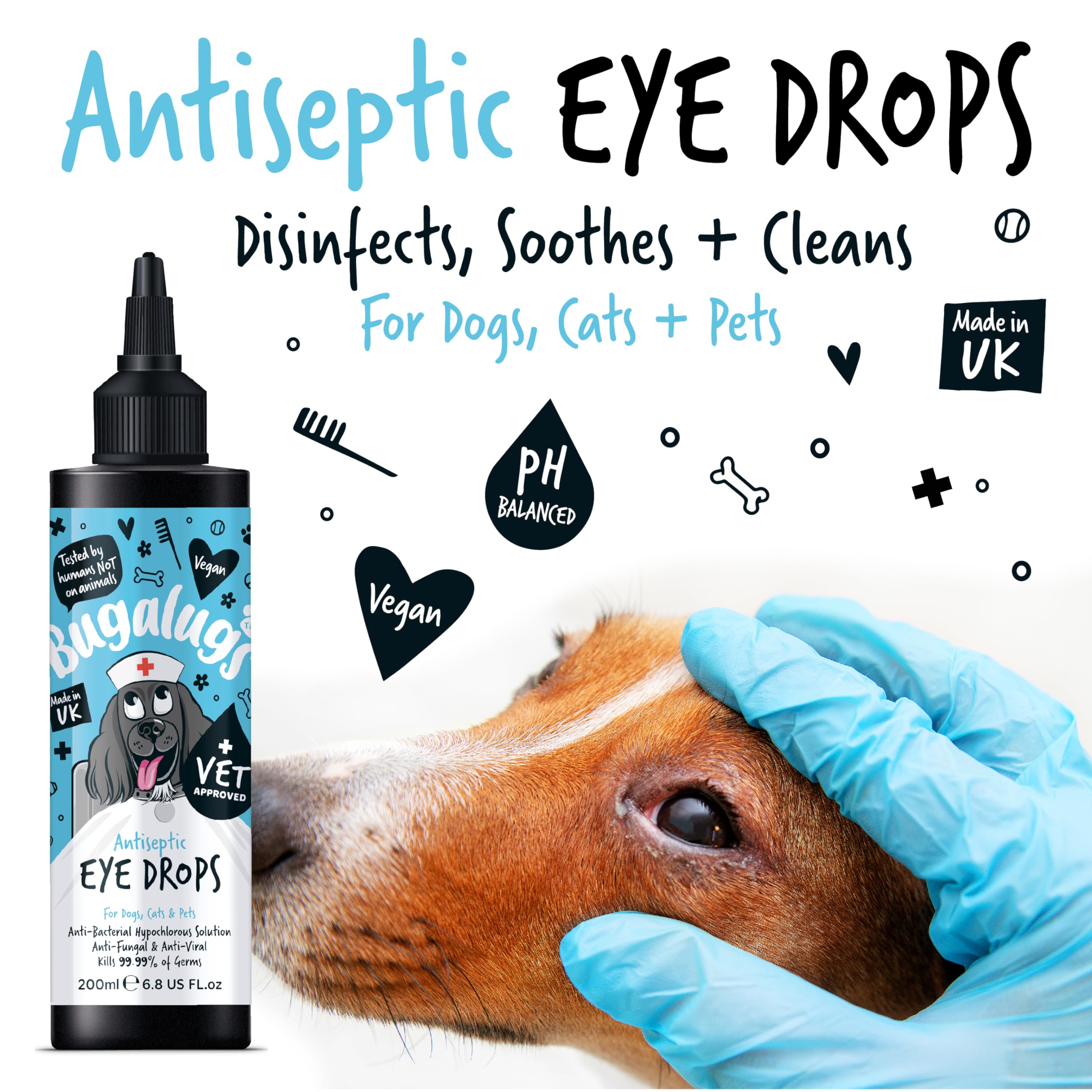 BUGALUGS Dog Eye Drops 200ml, Antiseptic eye drops for dogs, puppy, cats & animals. Antibacterial helps dry, itchy, irritated, gunky & tear stain eyes. Eye Wash Cleaner