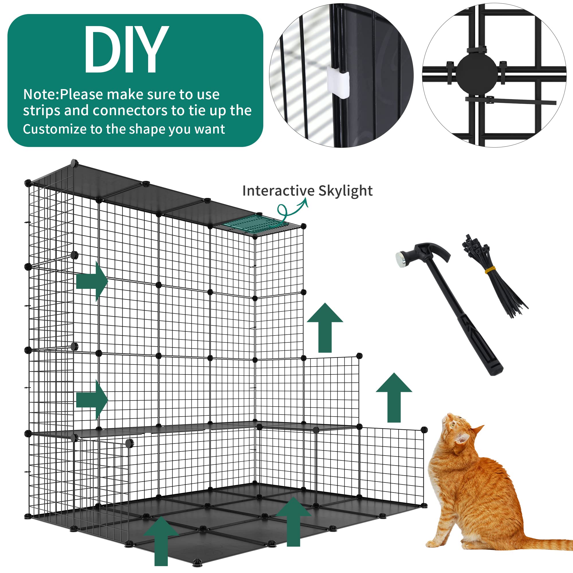 YITAHOME Cat Cage Indoor, DIY Cat Enclosures with 3 Doors, 2 Ladders, Metal Cat Playpen 3-Tiers Kennels Pet Crate with Extra Large Hammock, Pet Cage for 1-2 Cats Bunny Chinchilla Black 72x72x104 cm