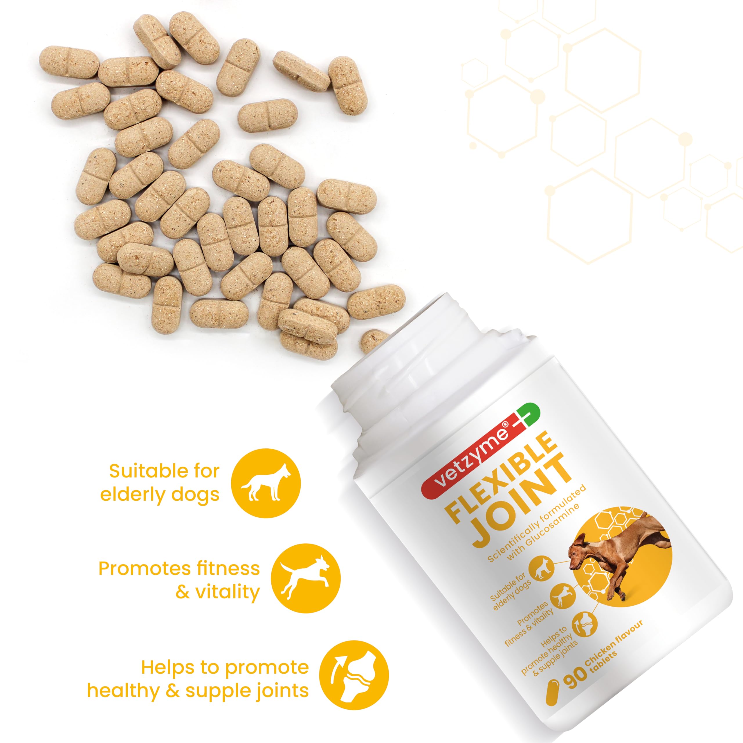 Vetzyme Flexible Joint Supplements for Dogs (90 Tablets) - Hip and Joint Care with Glucosamine, Tasty Chicken Flavour