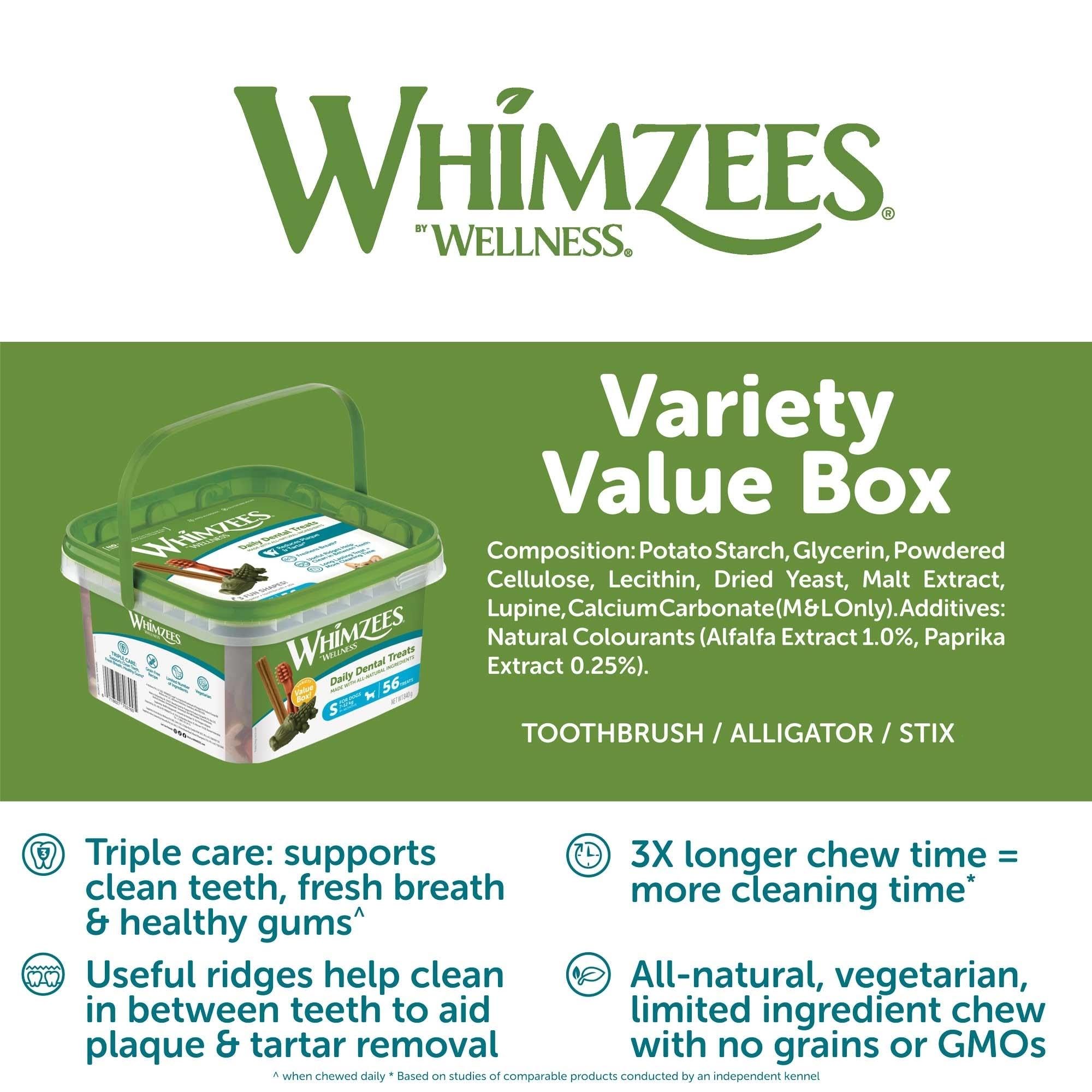 WHIMZEES By Wellness Variety Box Dental, Mixed Shapes, Size S, 56 Pieces, Natural and Grain Free Dog Chews, Dog Dental Sticks for Small Breeds, No Added Sugar