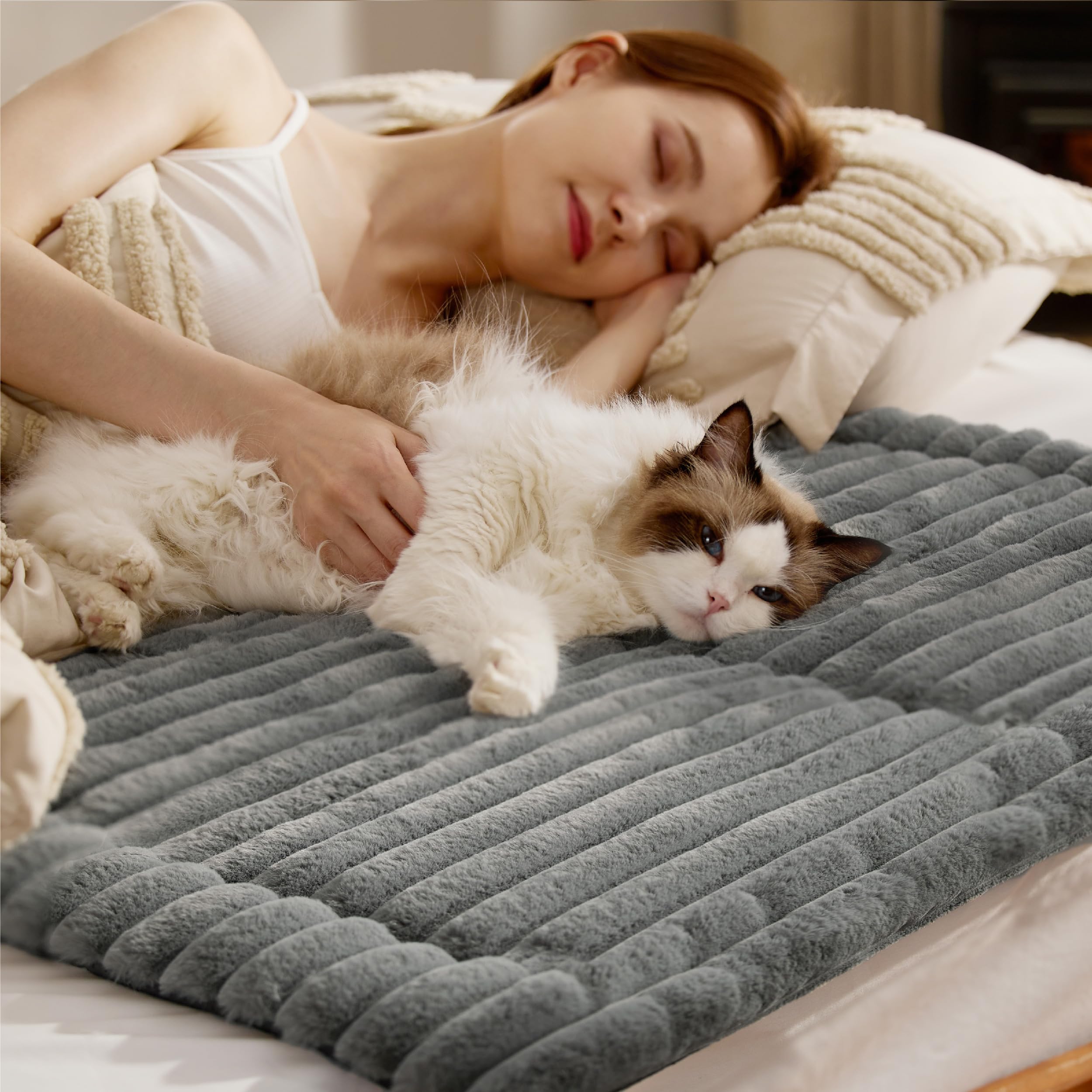 Bedsure Cat Bed Mat - Washable Fleece Warm Cat Blanket with Non skid Bottom, Small Dog Crate Mattress for Puppy, 61x46cm, Grey