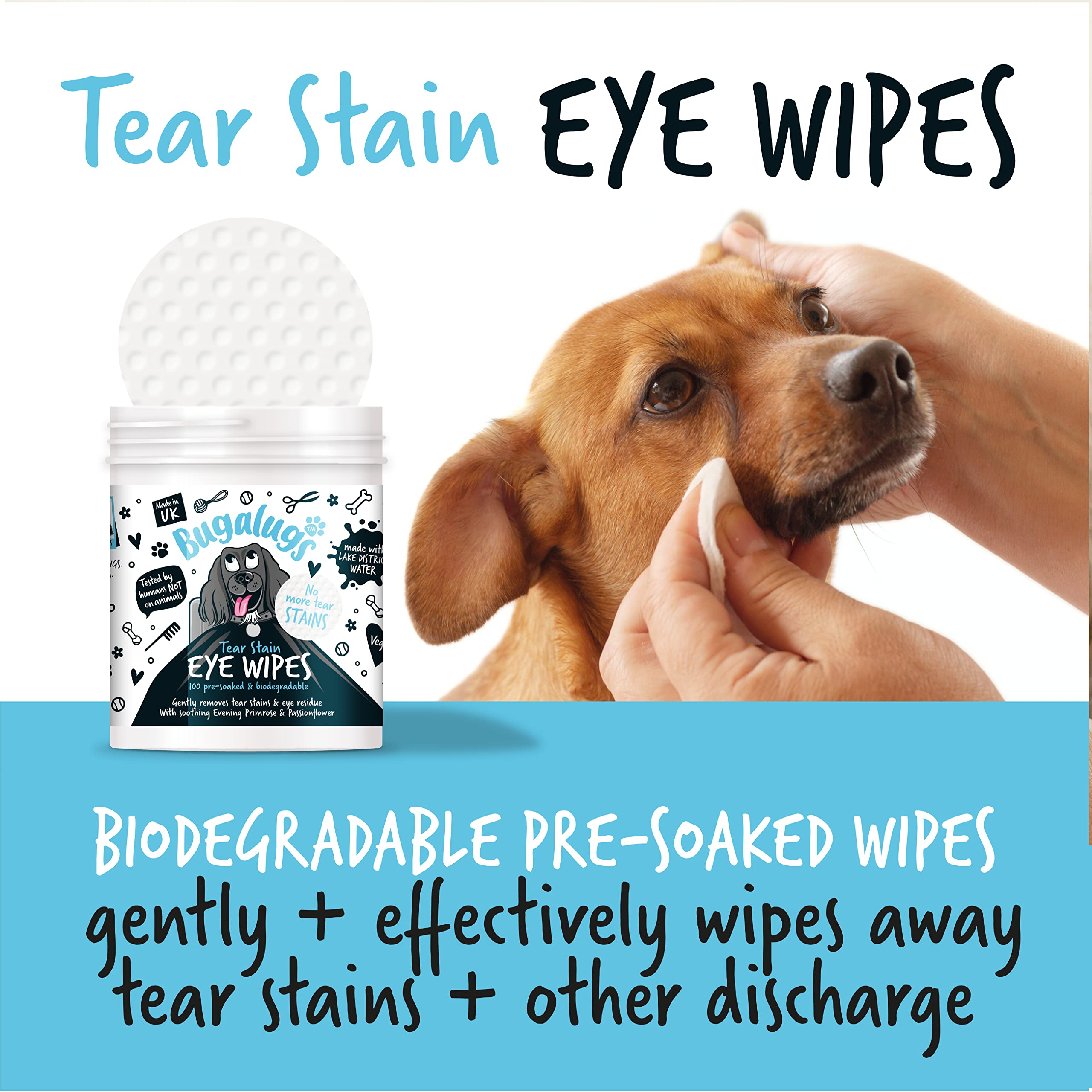BUGALUGS Dog Eye Wipes 100 Biodegradable textured pre-soaked Dog Wipes. Safe & Easy Cleaning For Dogs - Pet Eye Wipes Remove Tear Stains, Dog Eye Crust & Eye Discharge