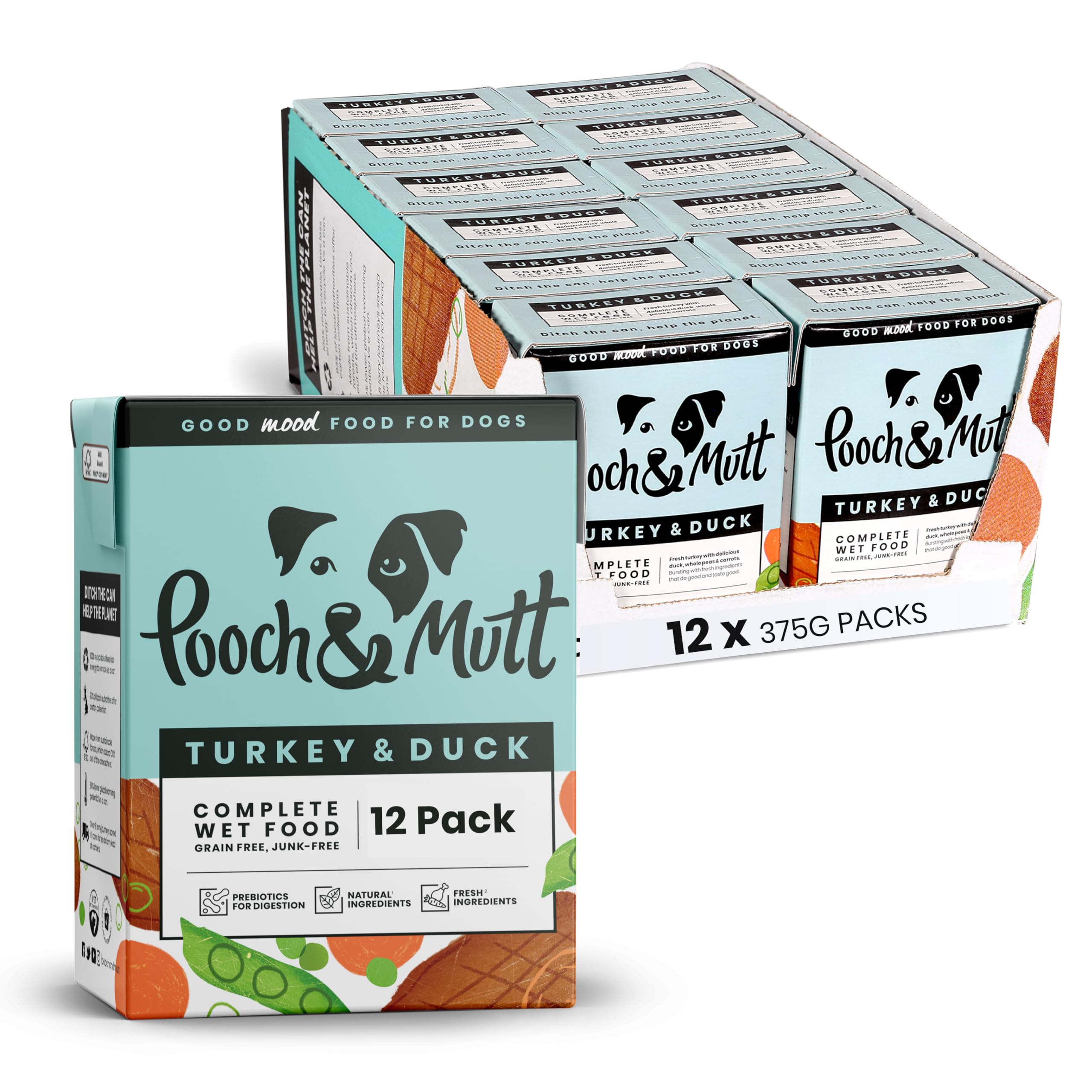Pooch & Mutt - Turkey & Duck Pack of Complete Wet Dog Food, Dry Dog Food Topper, 12x375g