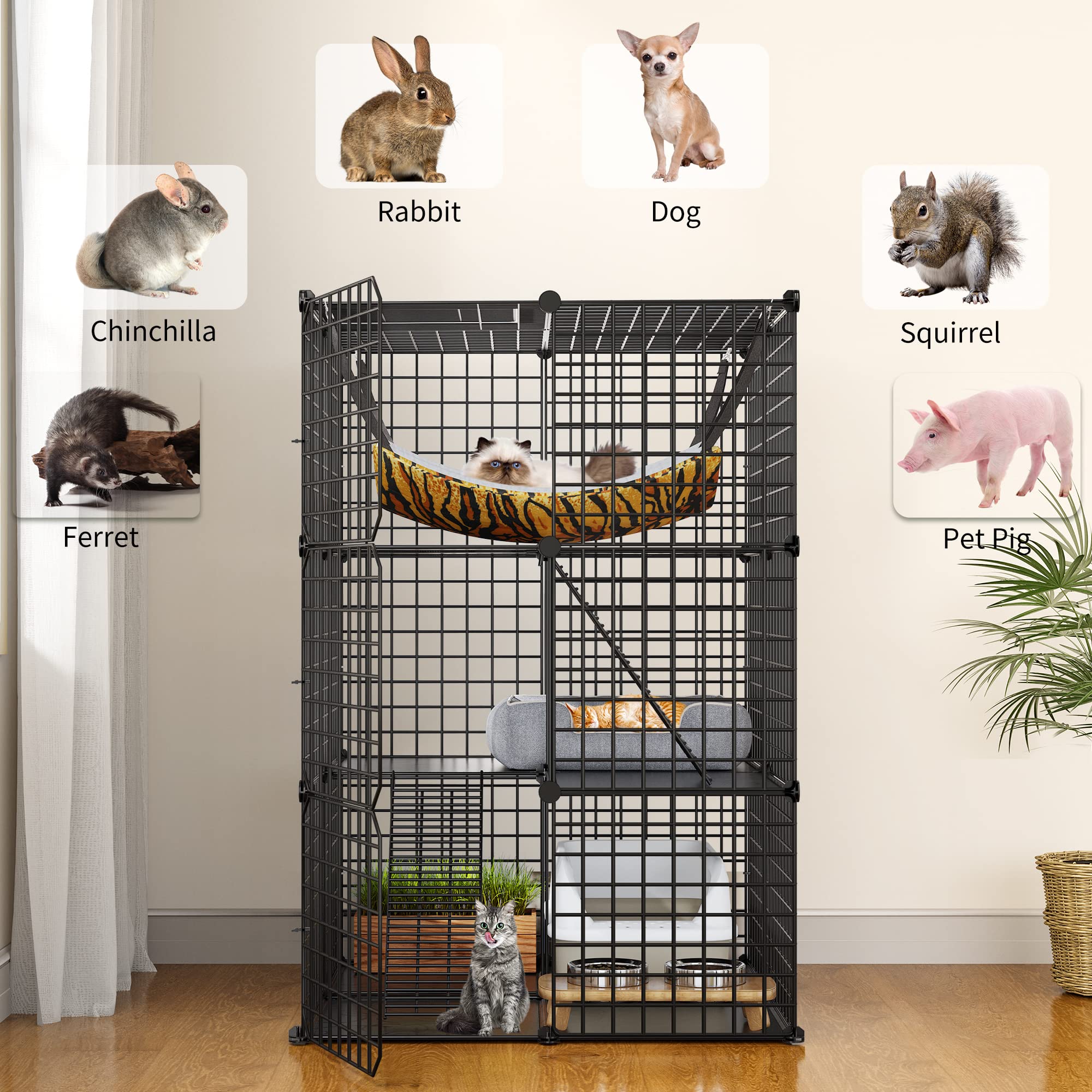 YITAHOME Cat Cage Indoor, DIY Cat Enclosures with 3 Doors, 2 Ladders, Metal Cat Playpen 3-Tiers Kennels Pet Crate with Extra Large Hammock, Pet Cage for 1-2 Cats Bunny Chinchilla Black 72x72x104 cm
