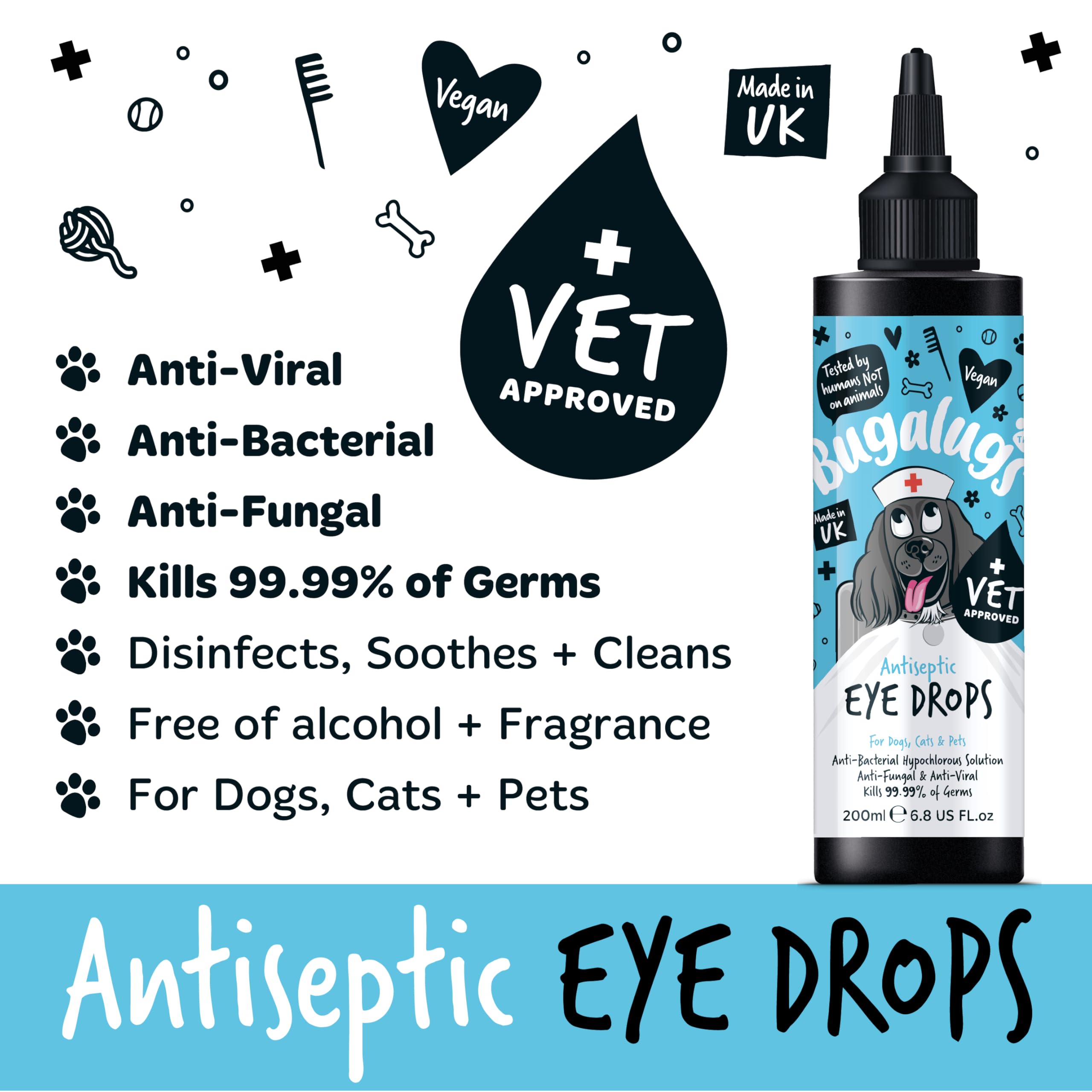 BUGALUGS Dog Eye Drops 200ml, Antiseptic eye drops for dogs, puppy, cats & animals. Antibacterial helps dry, itchy, irritated, gunky & tear stain eyes. Eye Wash Cleaner