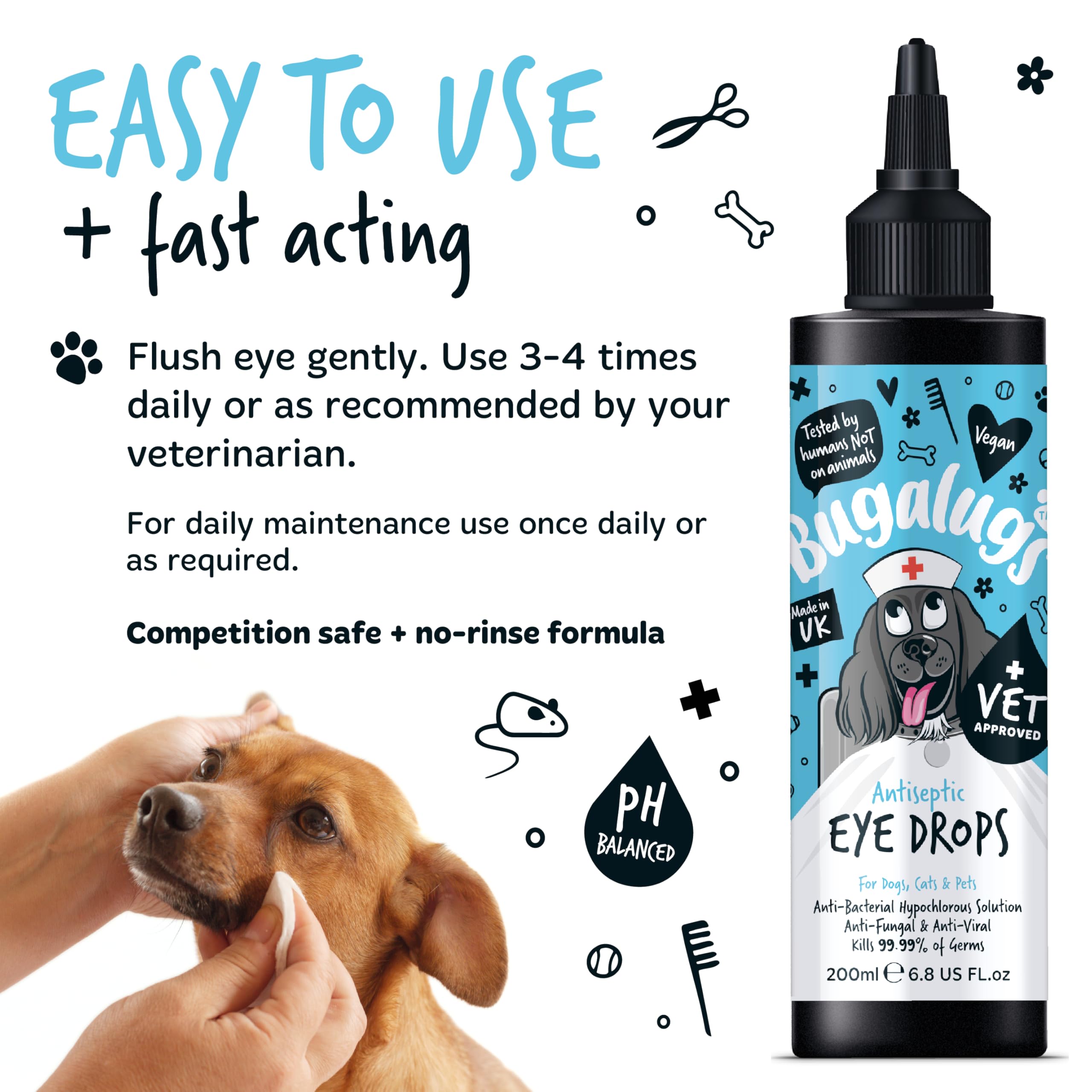 BUGALUGS Dog Eye Drops 200ml, Antiseptic eye drops for dogs, puppy, cats & animals. Antibacterial helps dry, itchy, irritated, gunky & tear stain eyes. Eye Wash Cleaner