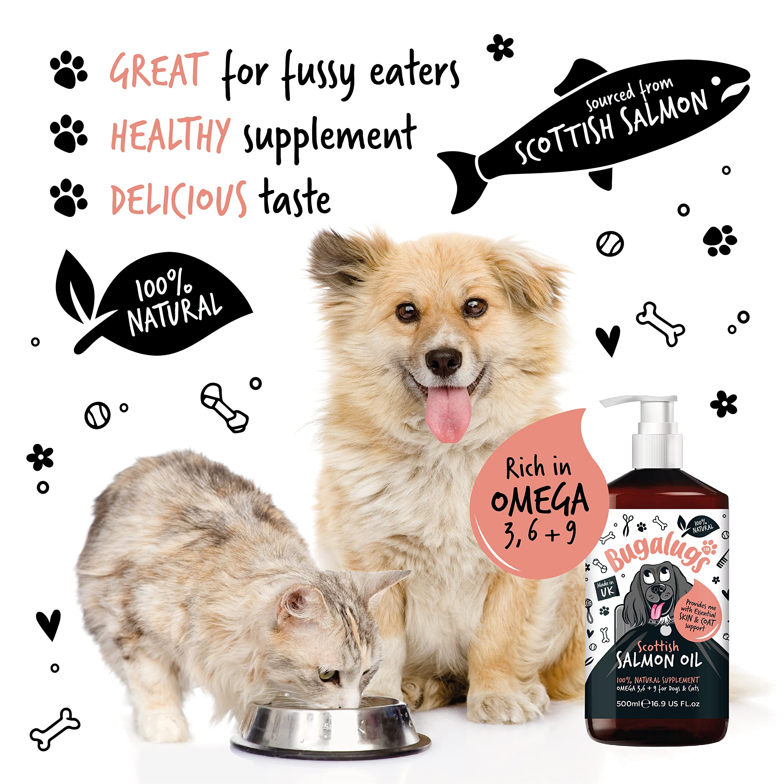 Bugalugs Scottish Salmon Oil For Dogs & Cats, Dog Supplement Support for Skin And Coat, Itchy Skin & Moulting, Omega 3 Fish Oil (Salmon, 500ml)