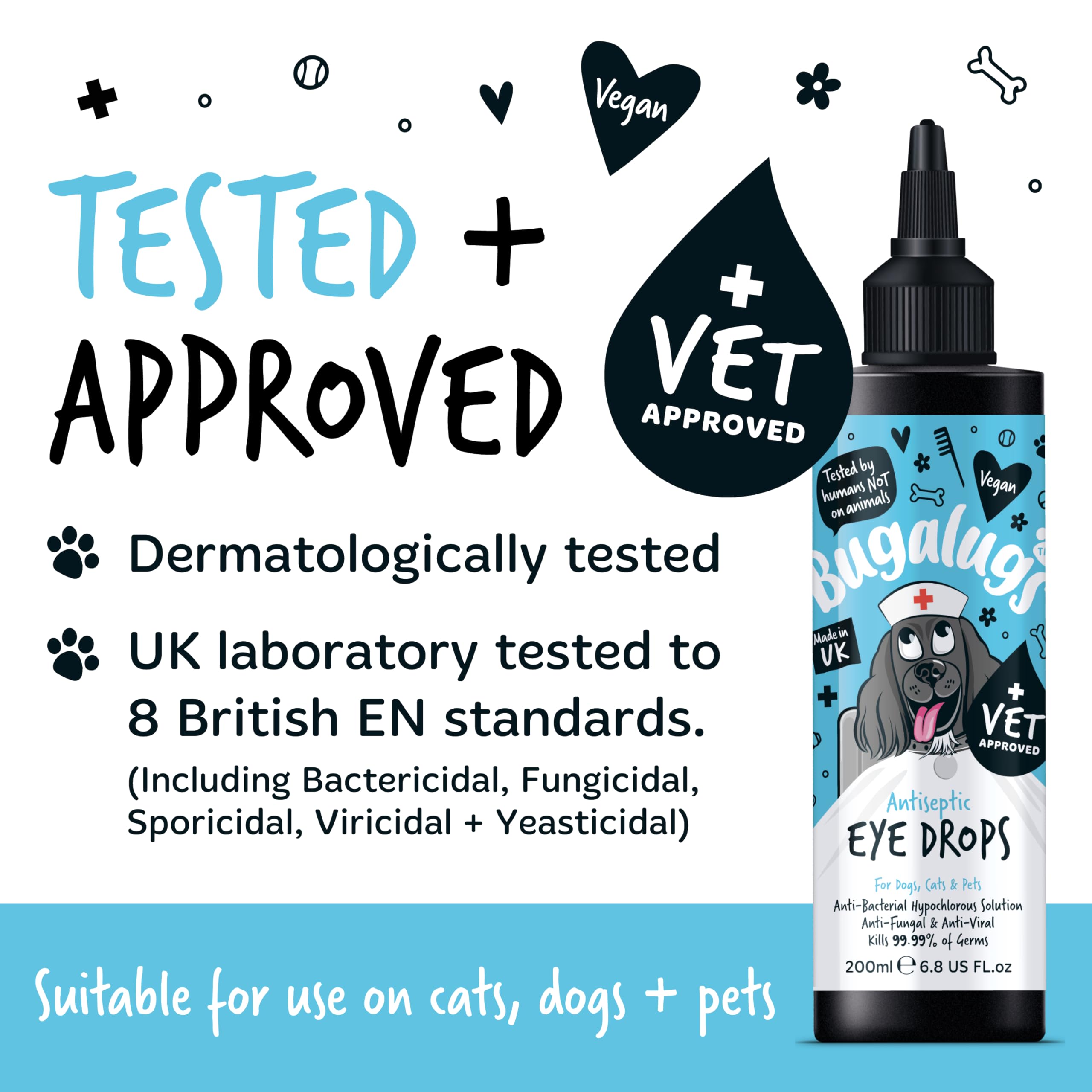 BUGALUGS Dog Eye Drops 200ml, Antiseptic eye drops for dogs, puppy, cats & animals. Antibacterial helps dry, itchy, irritated, gunky & tear stain eyes. Eye Wash Cleaner