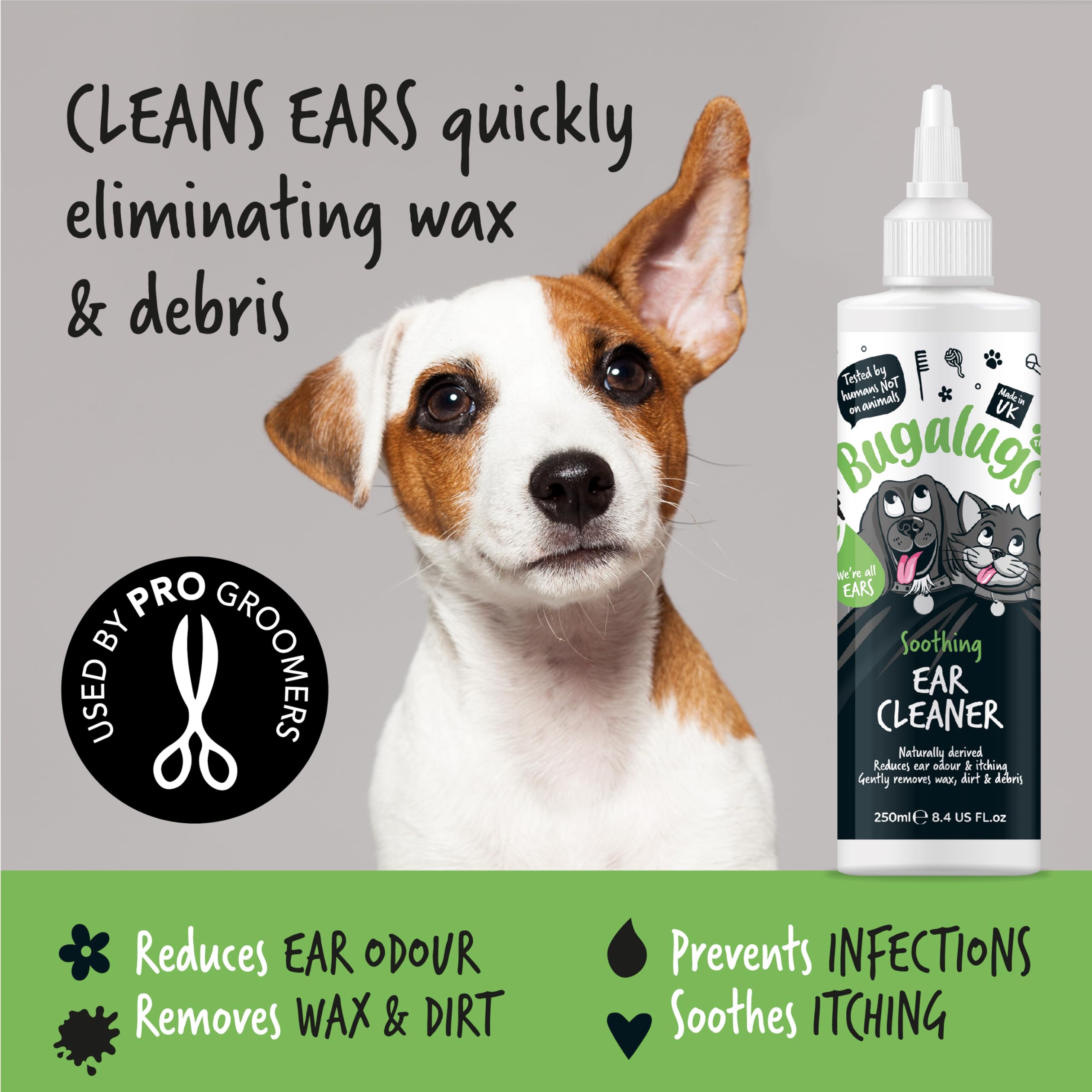 BUGALUGS Ear Cleaner, Dog & Cat Ear Cleaner Solution Softens & Removes Wax, Ear Hygiene, Non-Toxic Dog & Cat Ear Drops, Alcohol-Free Stop Head Shaking with Easy Applicator (250ml)