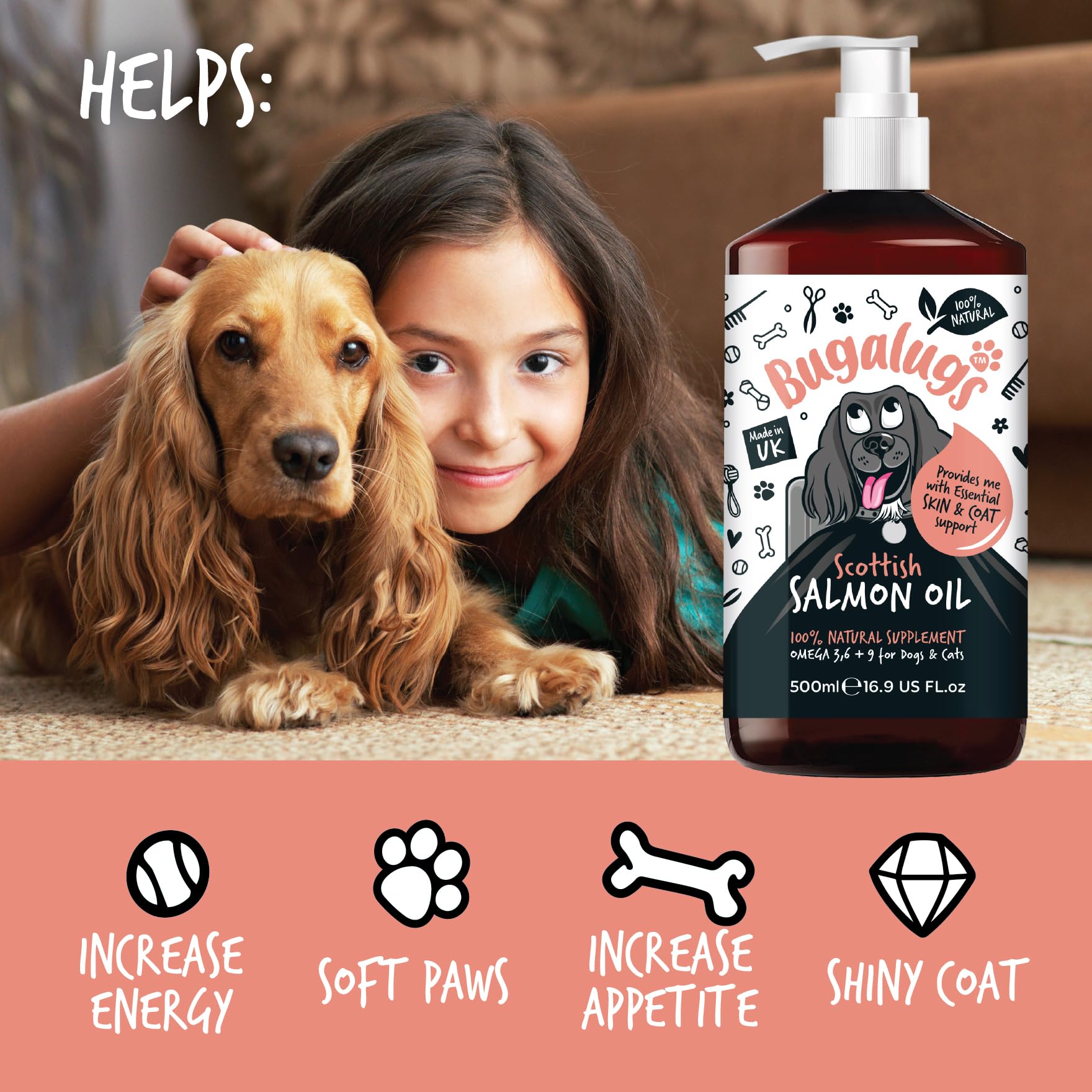 Bugalugs Scottish Salmon Oil For Dogs & Cats, Dog Supplement Support for Skin And Coat, Itchy Skin & Moulting, Omega 3 Fish Oil (Salmon, 500ml)
