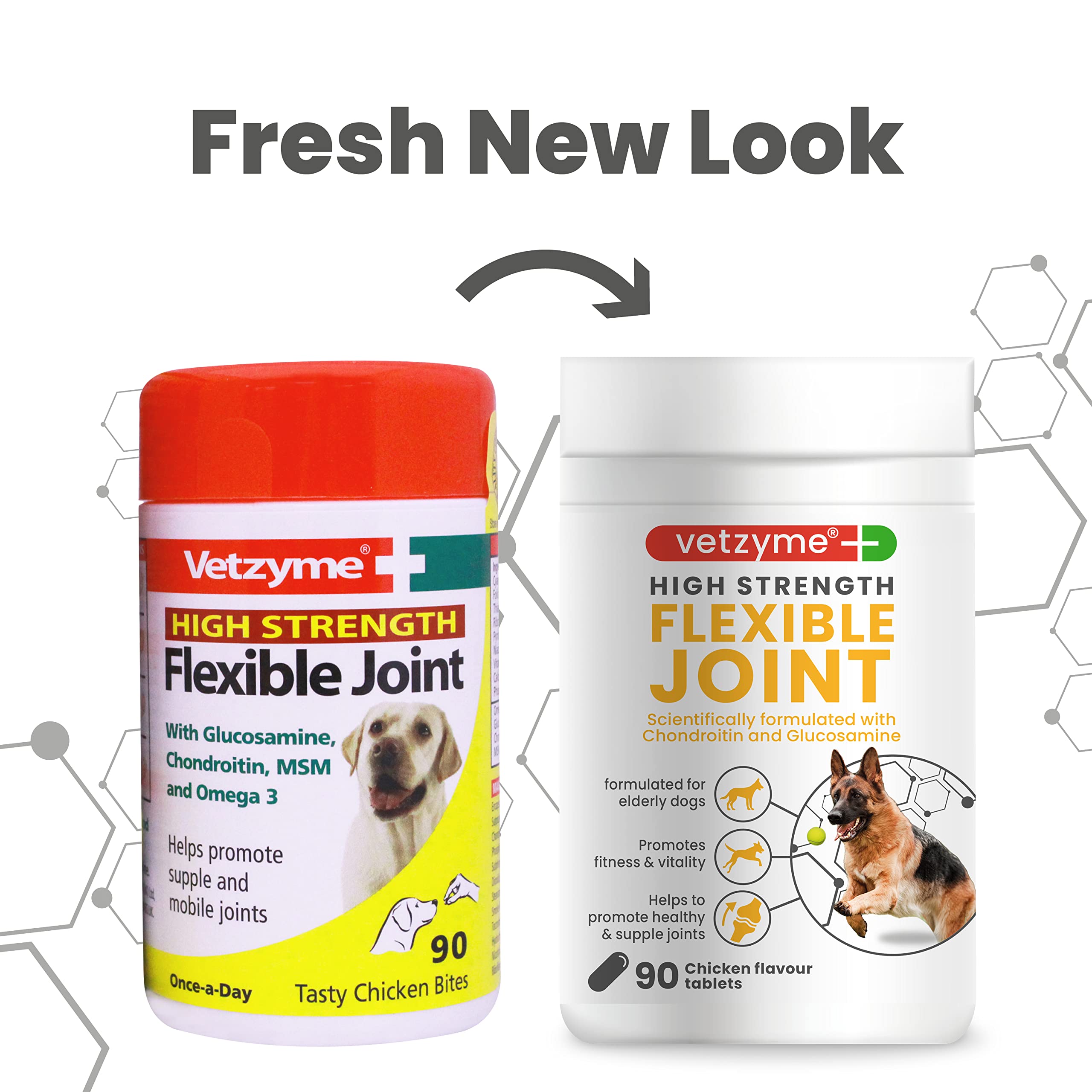 Vetzyme High Strength Flexible Joint Supplements for Senior Dogs (90 Tablets) - Hip and Joint Care with Chondroitin and Glucosamine, Tasty Chicken Flavour