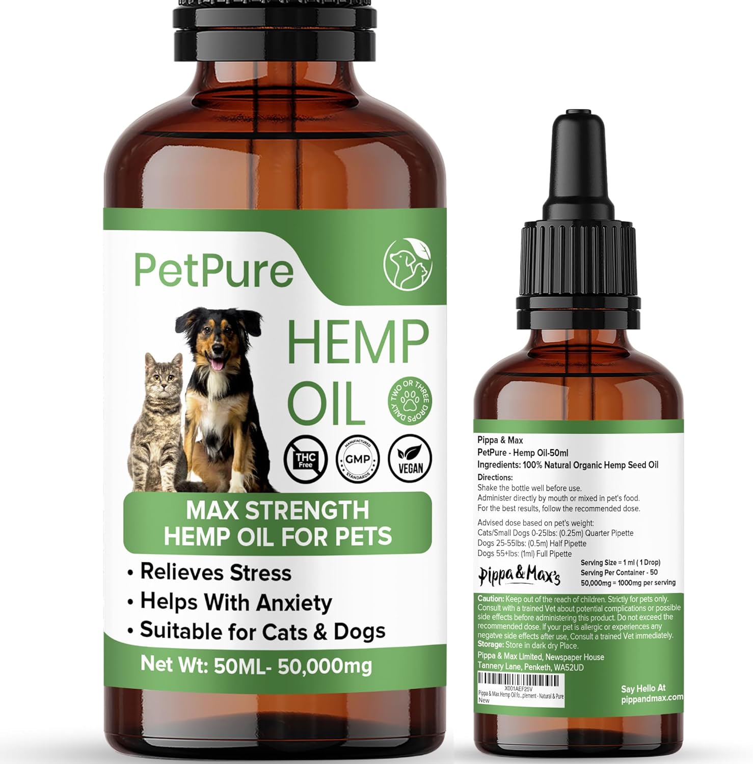 Pippa & Max Hemp Oil for Dogs and Cats & Pets - 50,000MG 50ml – Hemp Extract Made in the UK - May Help Stiff Joints & Bones, Reduce Stress and Anxiety