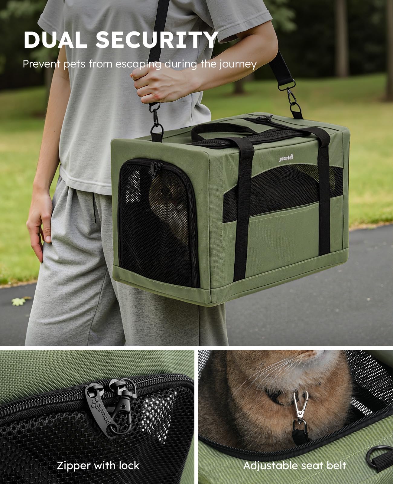 pecute Cat Carrier Stable, Pet Carriers Breathable and Portable, Cat Carriers Bag with Scientific Hidden Partition, Carriers for Cat Under 5kg, Dog Carrier Suitable for Travel and Outing, Green