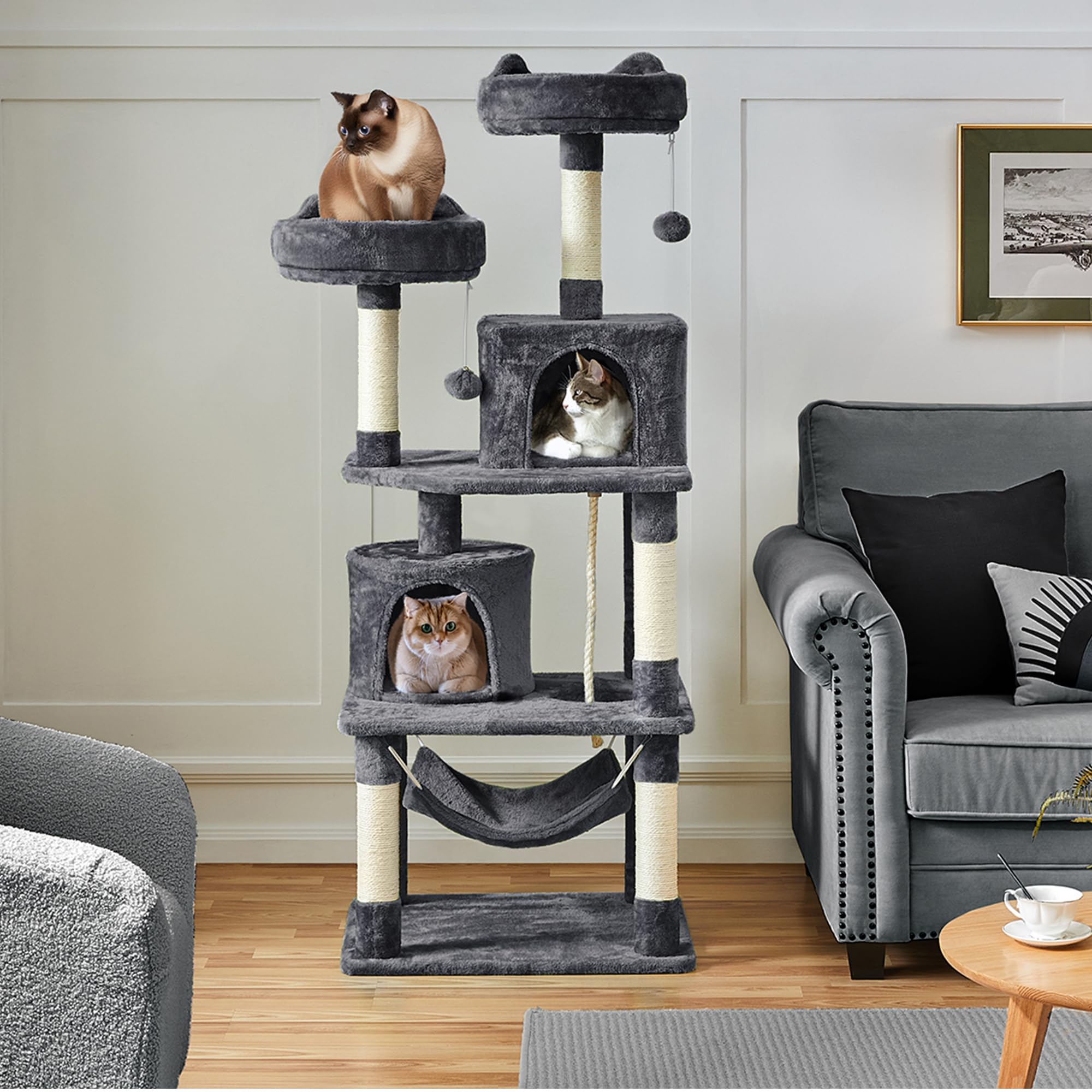 Yaheetech 158cm Multi-level Cat Tree Tower Large Kitten Scratching Posts with Condos/Perches/Hammock Broad-space Kitten Activity Centre, Dark Grey