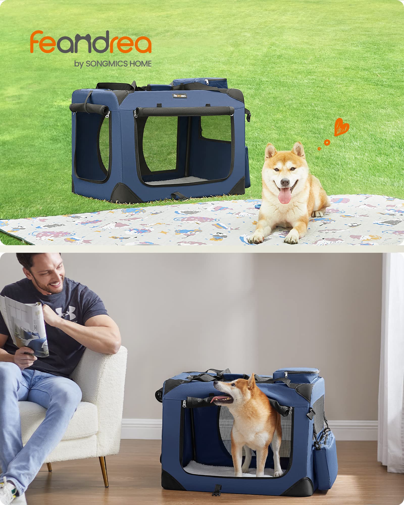 Feandrea Foldable Pet Carrier Bag, Portable Cat Dog Carrier, Soft Sided Pet Travel Carrier with Breathable Mesh, with Handles, Storage Pockets, 70 x 52 x 52 cm, Dark Blue PDC70Z