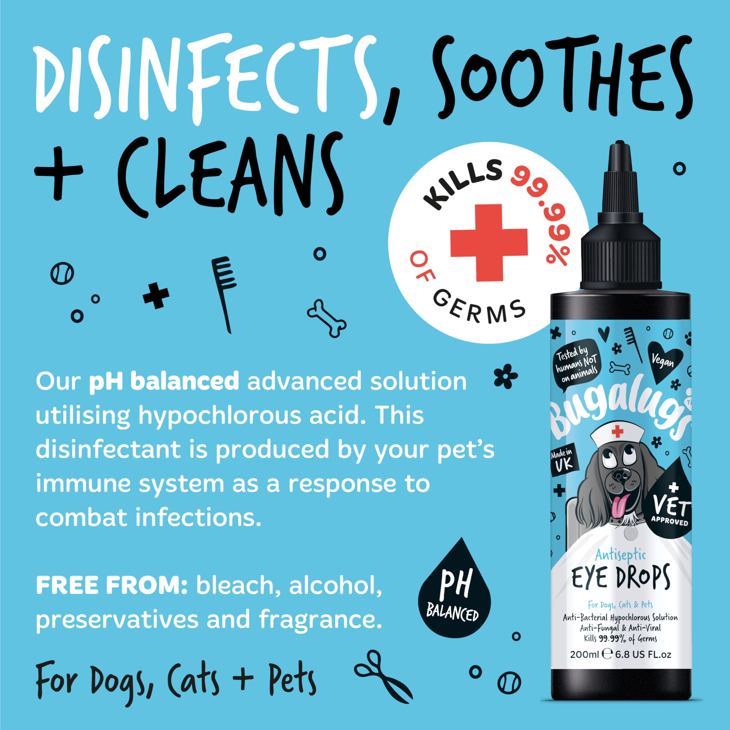 BUGALUGS Dog Eye Drops 200ml, Antiseptic eye drops for dogs, puppy, cats & animals. Antibacterial helps dry, itchy, irritated, gunky & tear stain eyes. Eye Wash Cleaner