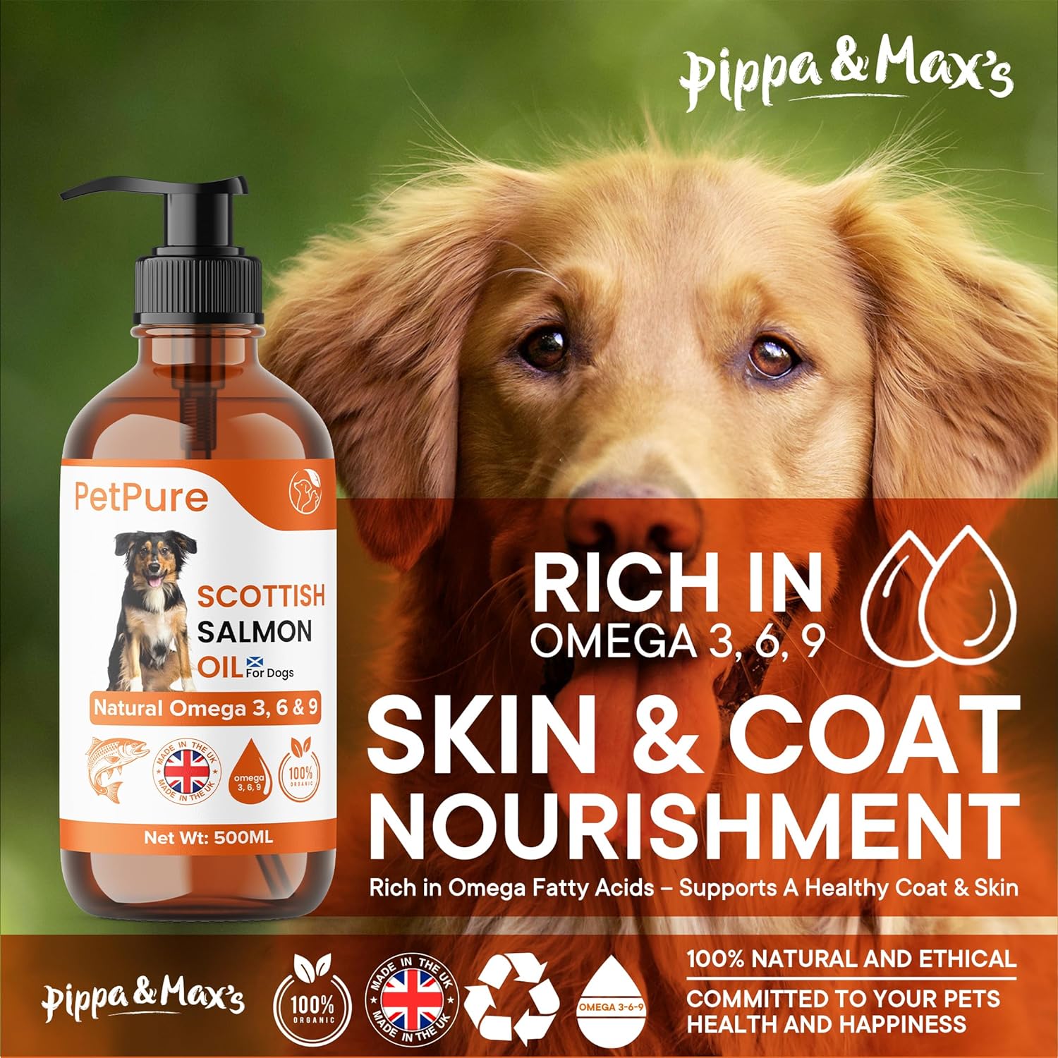 Pippa & Max Scottish Salmon Oil for Dogs & Pets (500ml) - Pure Omega 3, 6 & 9 Fish Oil Liquid Supplement for Natural Coat, Immune Support, Skin Comfort, and Overall Health