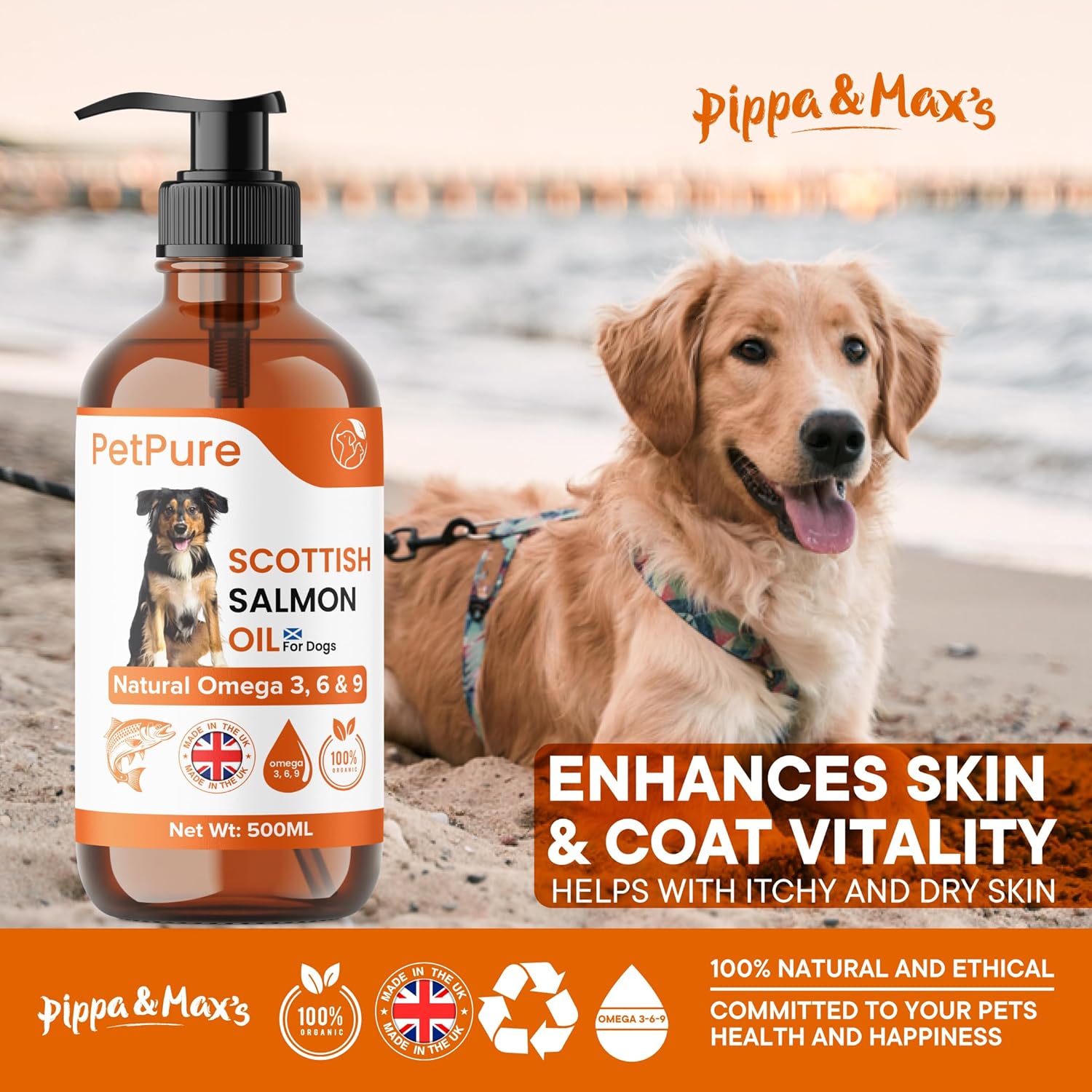 Pippa & Max Scottish Salmon Oil for Dogs & Pets (500ml) - Pure Omega 3, 6 & 9 Fish Oil Liquid Supplement for Natural Coat, Immune Support, Skin Comfort, and Overall Health