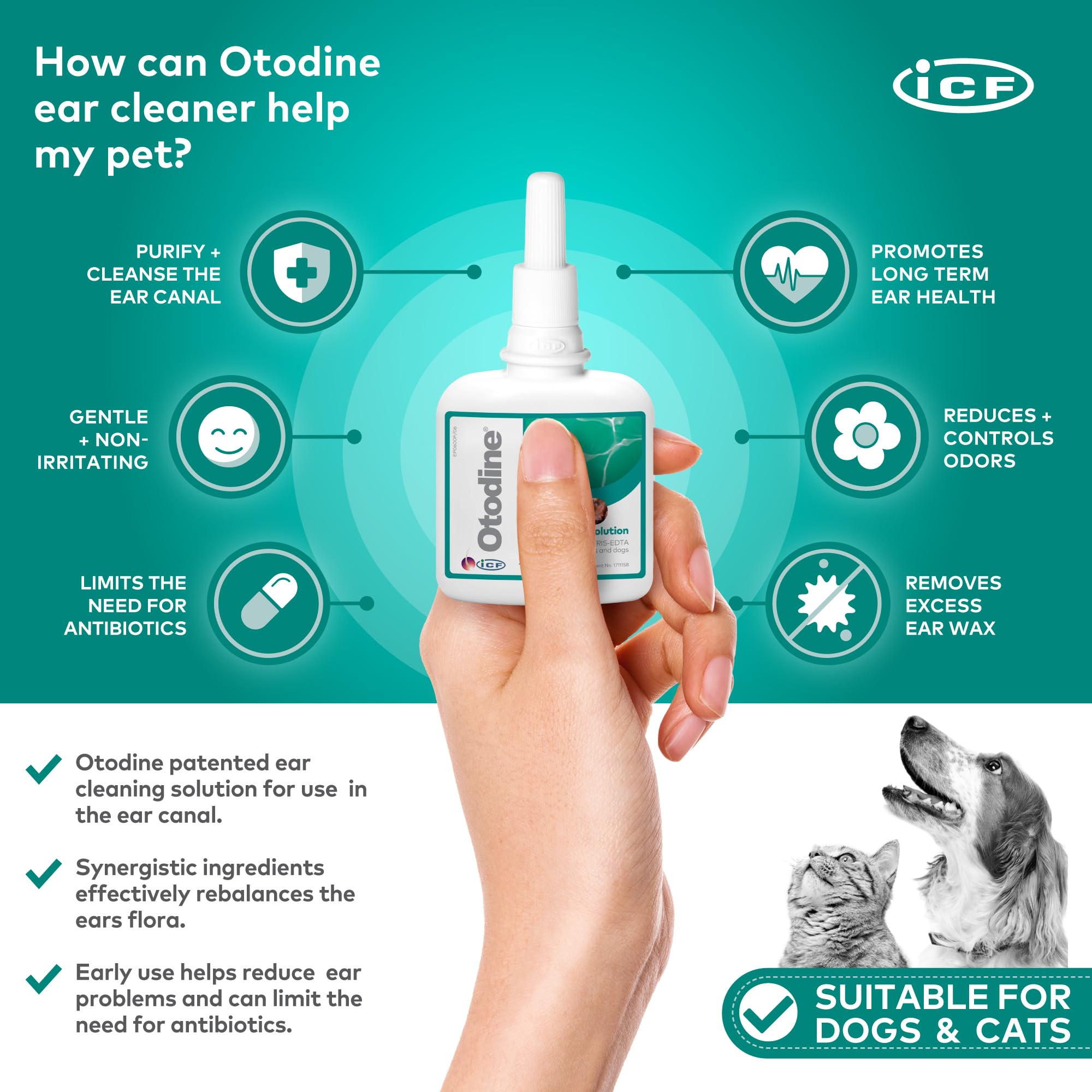ICF Otodine | Cat & Dog Ear Cleaner Solution | Dog Ear Drops to Stop Wax Build Up, Head Shaking, Discomfort, Ear Odour & Scratching | 100ml