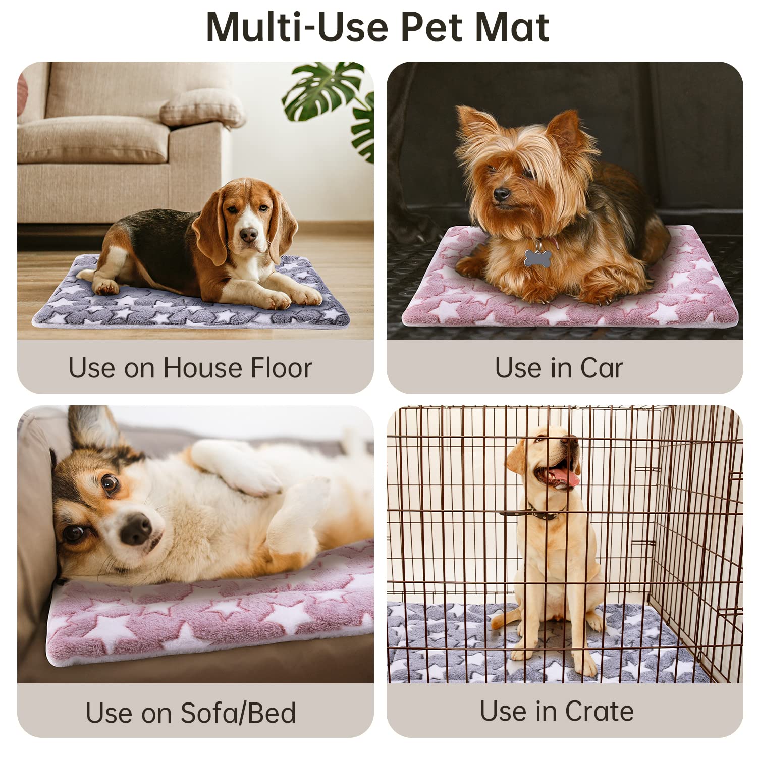 MICOOYO 2Pcs Dog Crate Bed Mattress, Fleece Pet Cushion Bed Mat, Washable Cat Cushion Pad for Small Dog Cat Puppy(Star, 24"*16")