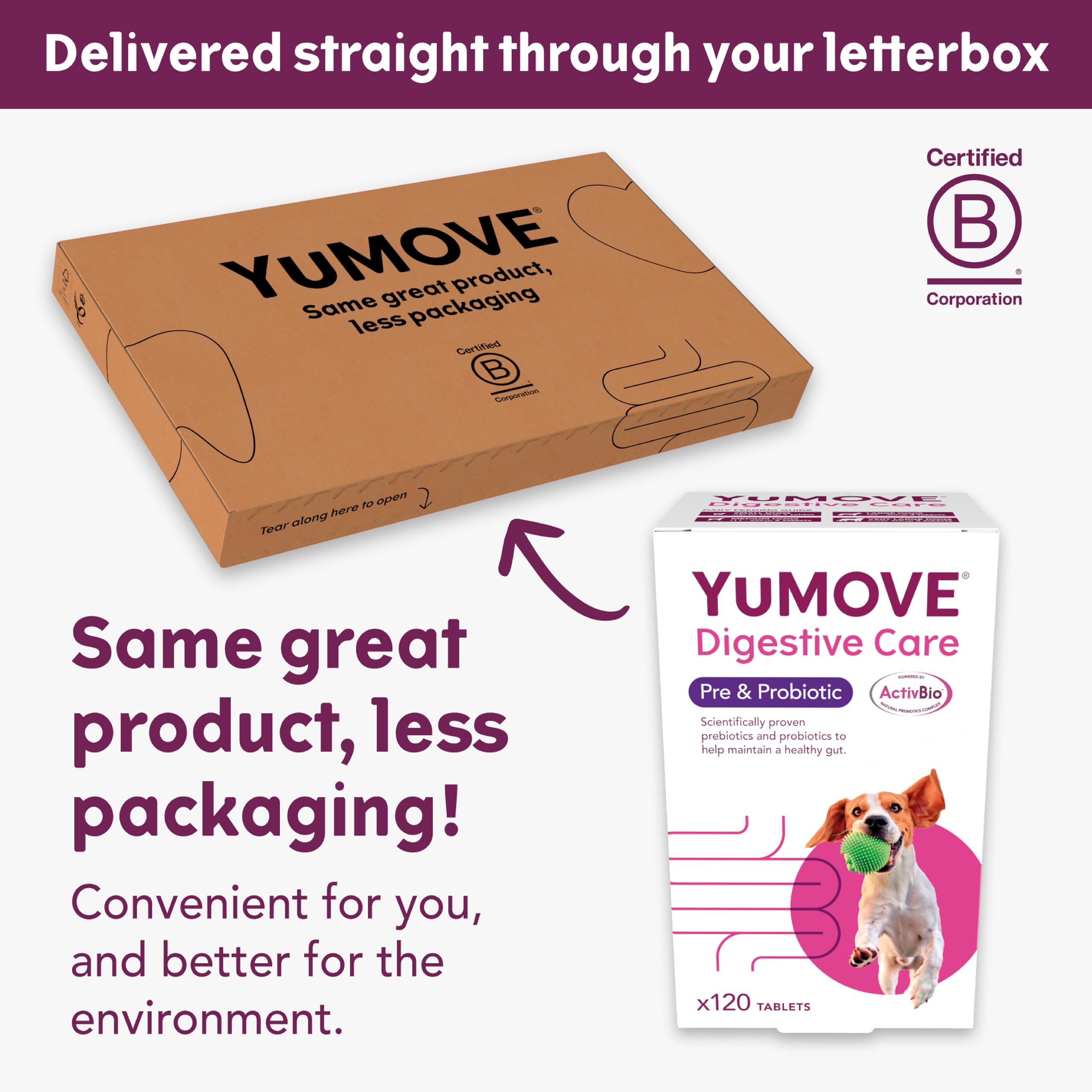 YuMOVE Digestive Care, Dog Pre and Probiotics Supplement for Gut Health, Digestive Support for All Ages and Breeds, 120 Tablets - Eco Friendly and Letter Box Ready Packaging