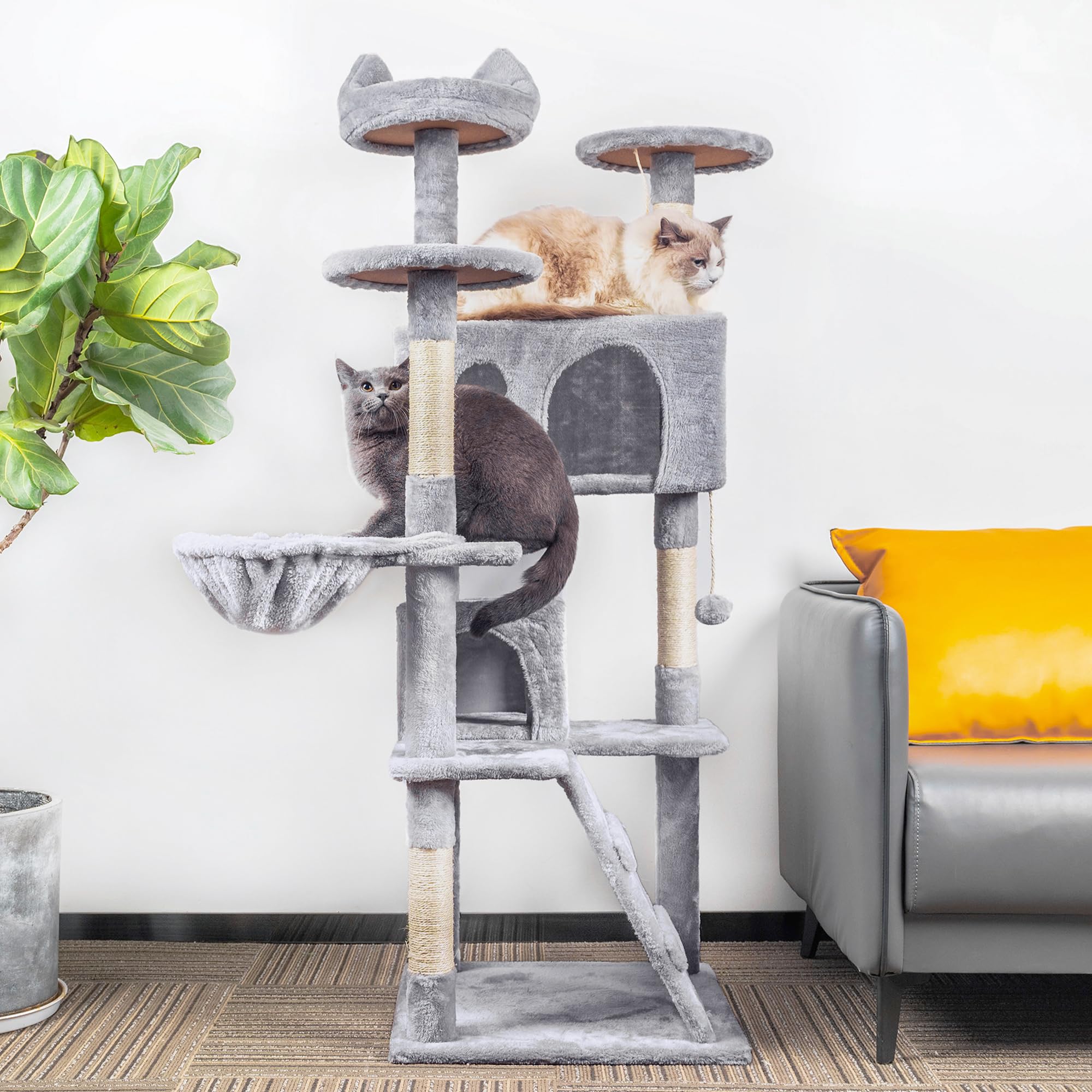 HOMIDEC Cat Tree,151cm Cat Tower for Indoor Kitty,Scratching Post Stable Activity Centre Climbing Tree with 2 Kitty Houses, Hammock, 4 Sisal Posts, Ladder, and Rest Place