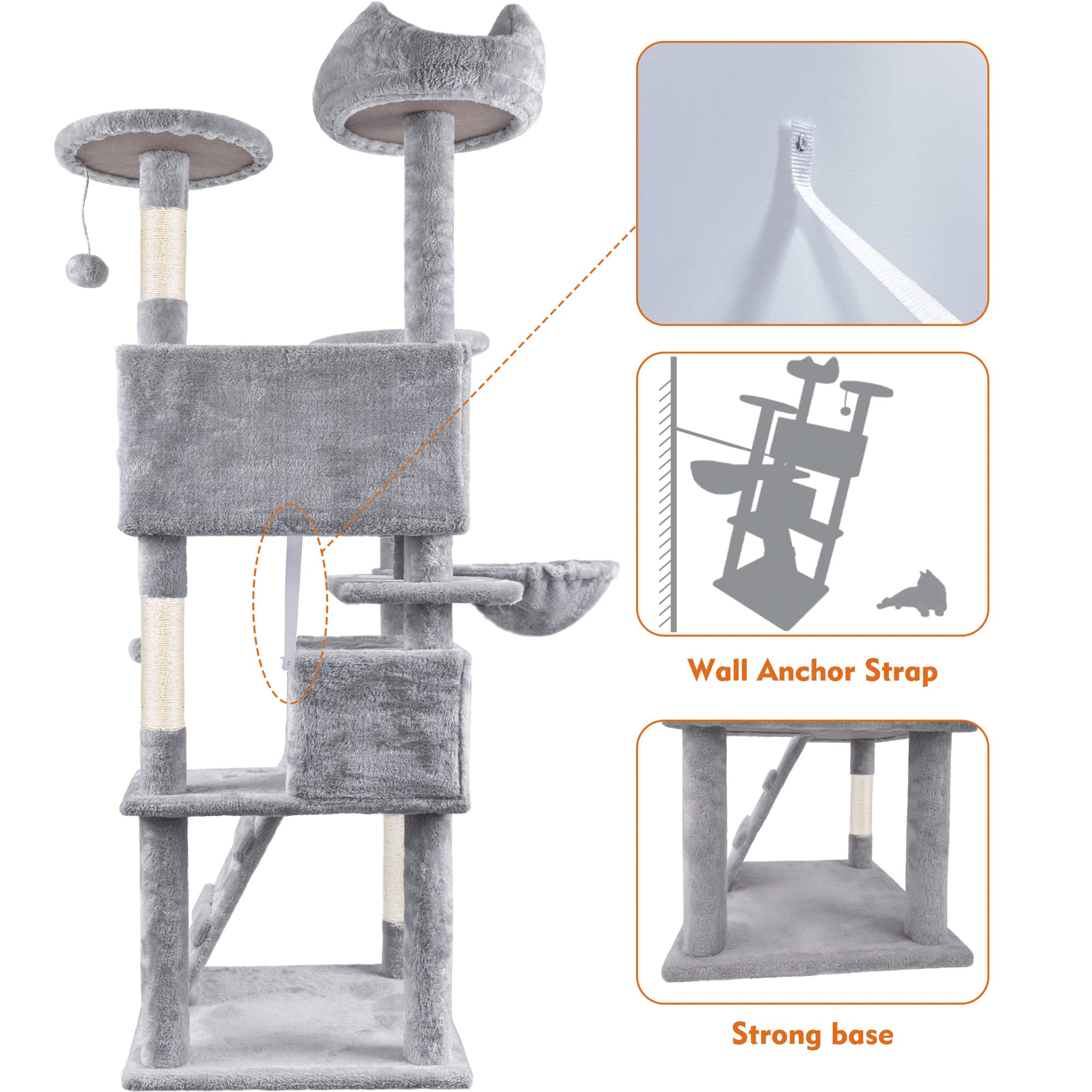 HOMIDEC Cat Tree,151cm Cat Tower for Indoor Kitty,Scratching Post Stable Activity Centre Climbing Tree with 2 Kitty Houses, Hammock, 4 Sisal Posts, Ladder, and Rest Place