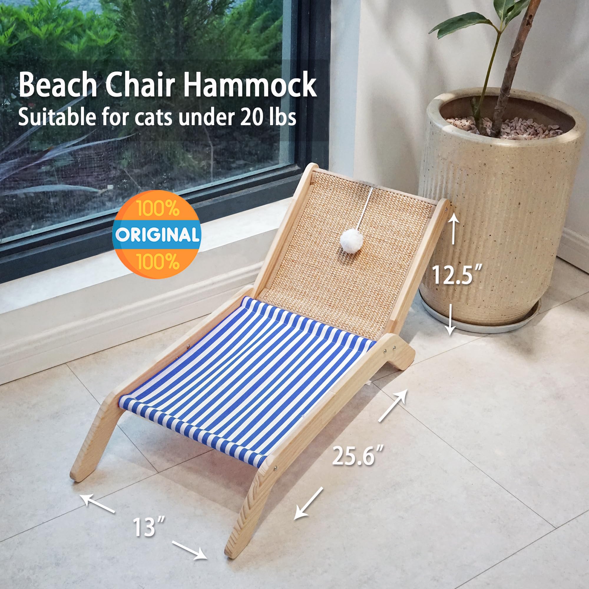 PETKARAY Beach Chair Cat Hammock, Elevated Cat Beds for Indoor Cats, Original Cozy Cat Lounger with Sisal Scratcher and Toy Ball