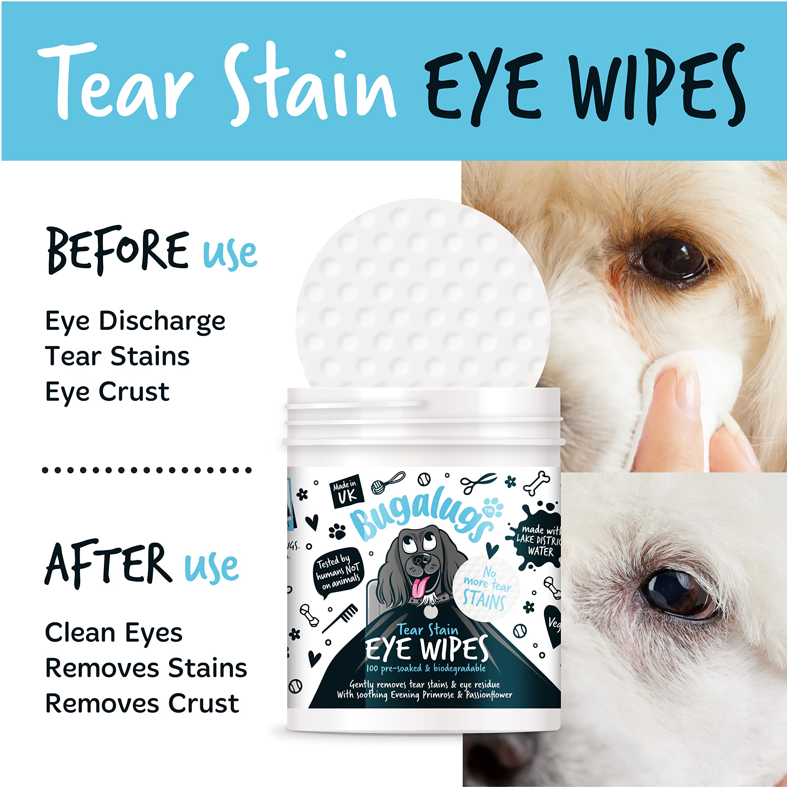 BUGALUGS Dog Eye Wipes 100 Biodegradable textured pre-soaked Dog Wipes. Safe & Easy Cleaning For Dogs - Pet Eye Wipes Remove Tear Stains, Dog Eye Crust & Eye Discharge