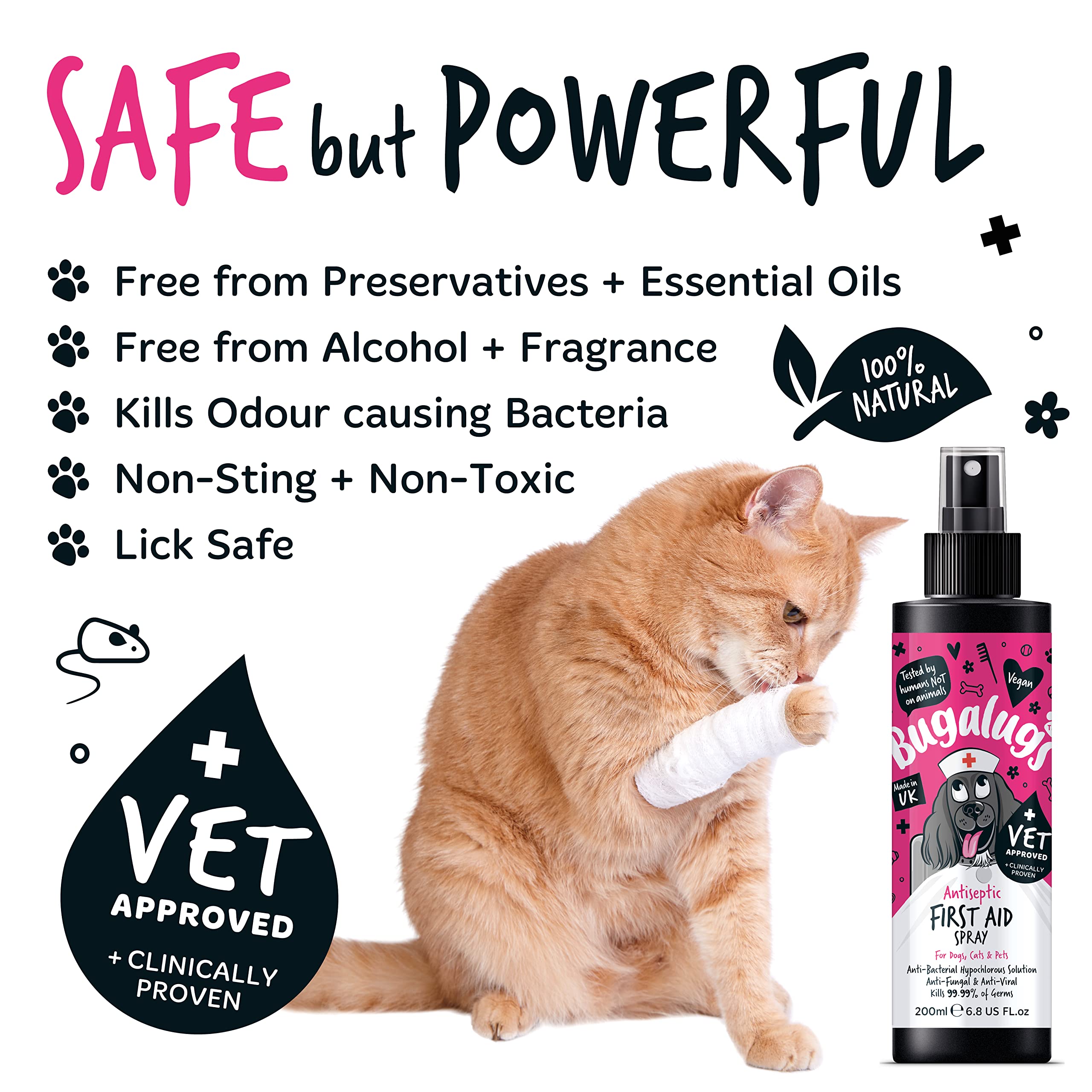 BUGALUGS First Aid Pet Antiseptic spray for dogs, puppy & cats 200ml - Antibacterial, Antiviral, Antifungal spray for cuts, wounds & itchy skin