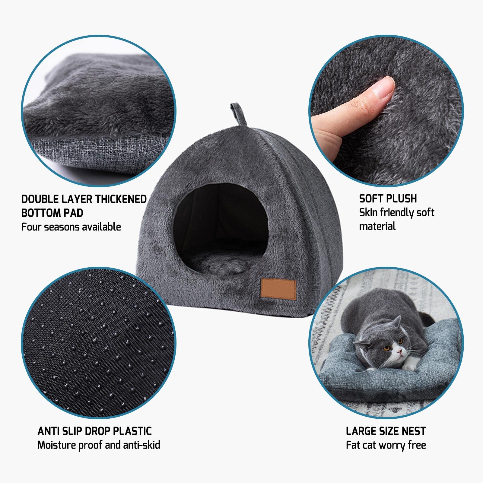 Pologmase Cat Cave Bed for Cats & Small Dogs - Tent Igloo with Removable Washable Cushion