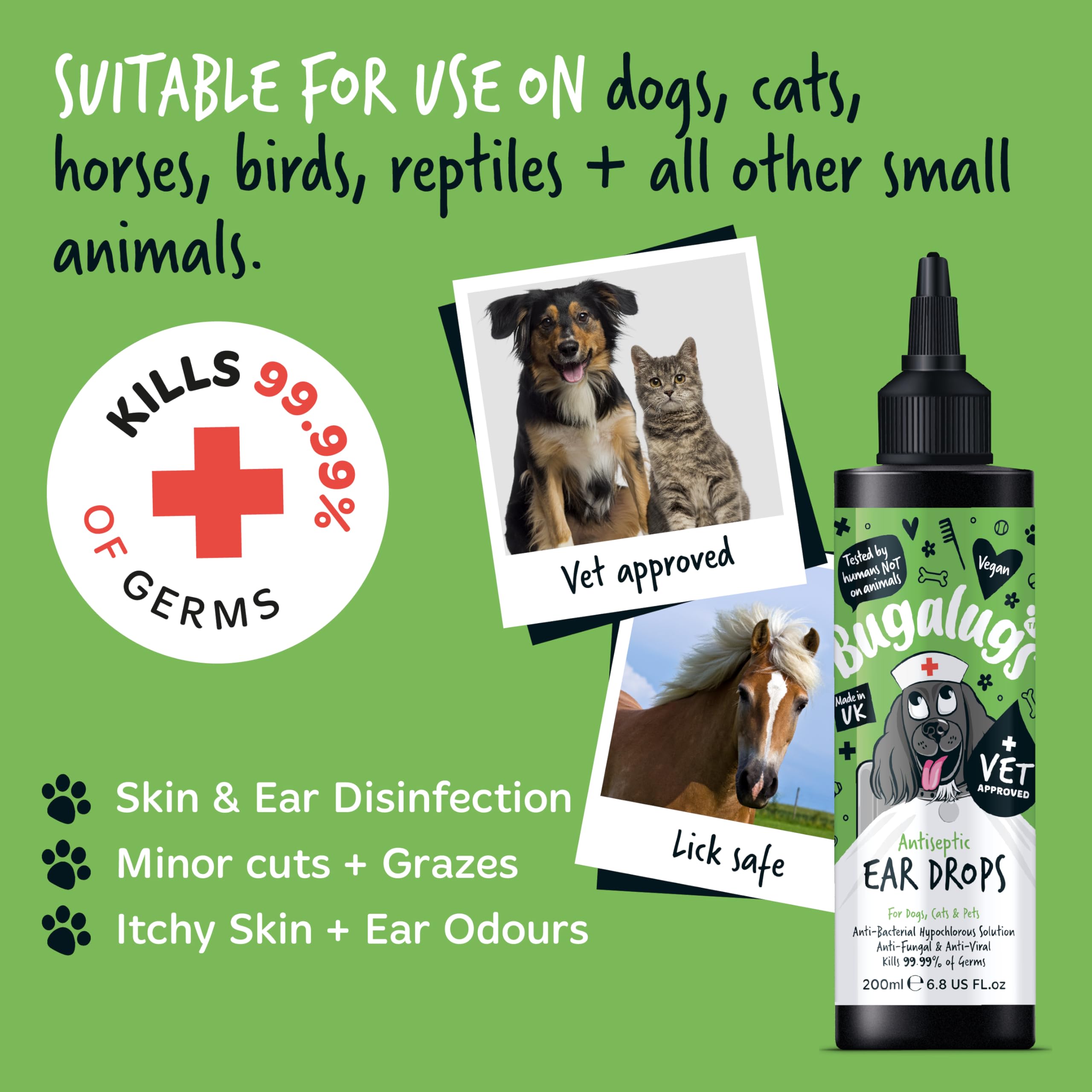 BUGALUGS Antiseptic Ear Drops 200ml – Ear Disinfection, Kills bacteria, Stops Odours, Scratching & Discomfort, Anti-fungal (Yeast), Veterinary-grade, for Dogs, Cats & all other animals