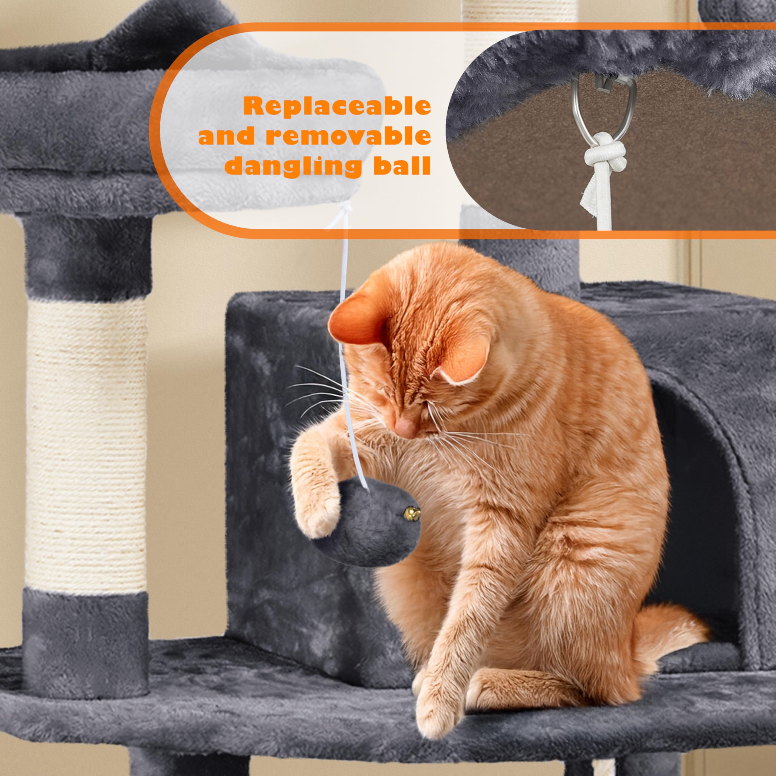 Yaheetech 158cm Multi-level Cat Tree Tower Large Kitten Scratching Posts with Condos/Perches/Hammock Broad-space Kitten Activity Centre, Dark Grey