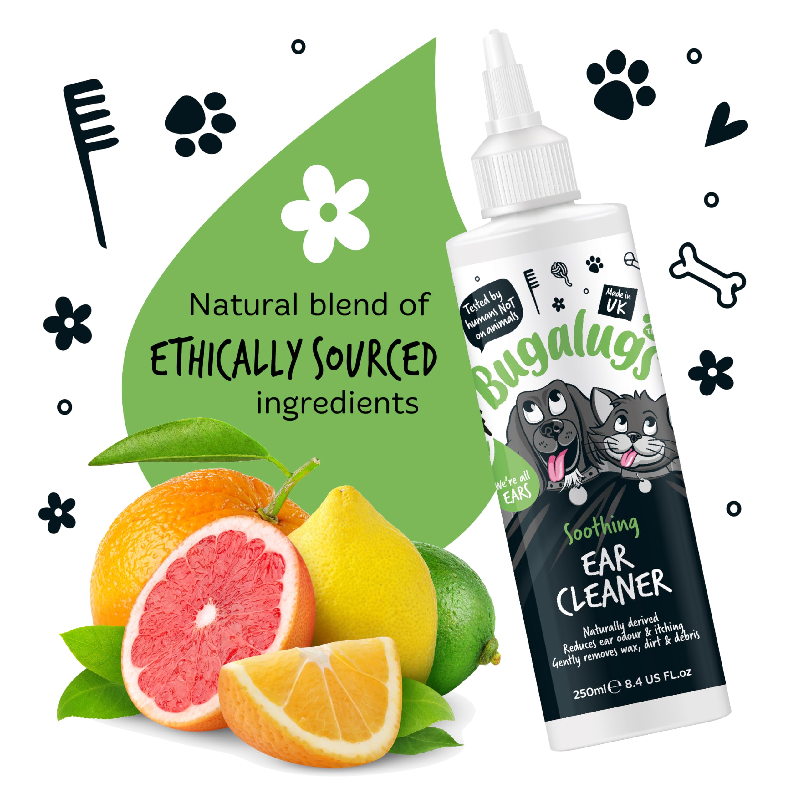 BUGALUGS Ear Cleaner, Dog & Cat Ear Cleaner Solution Softens & Removes Wax, Ear Hygiene, Non-Toxic Dog & Cat Ear Drops, Alcohol-Free Stop Head Shaking with Easy Applicator (250ml)