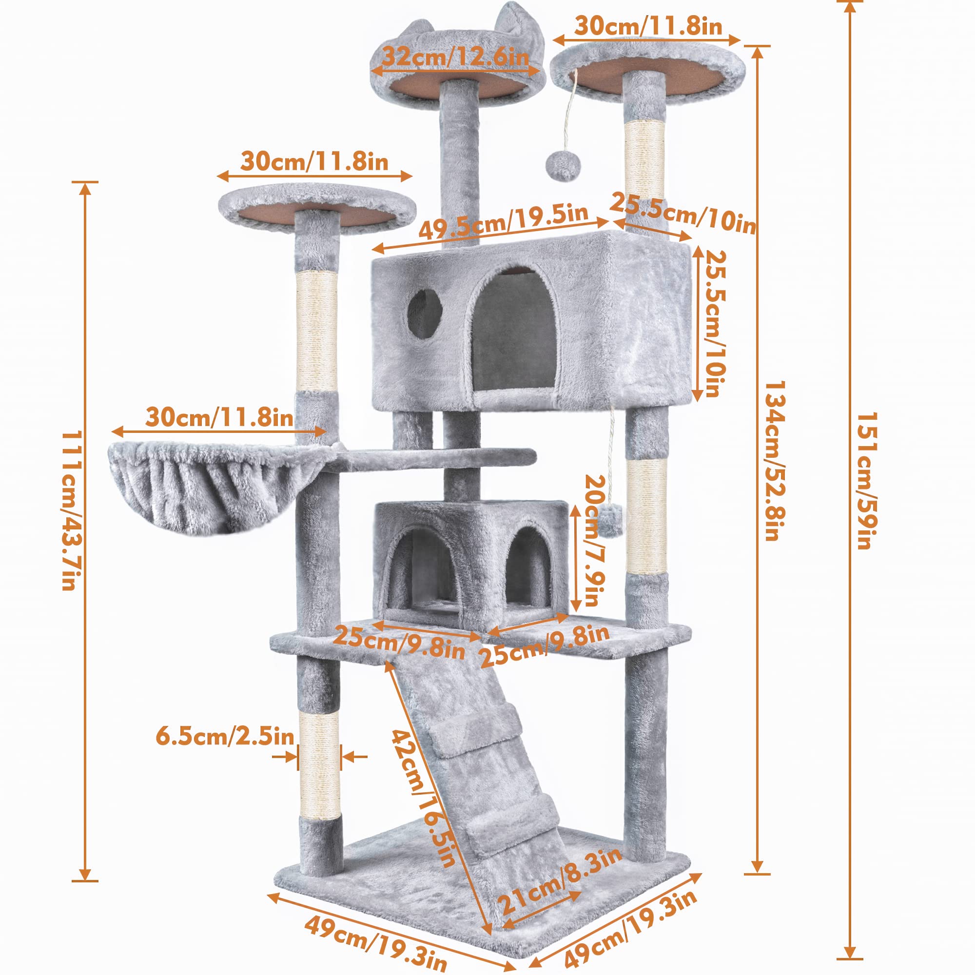 HOMIDEC Cat Tree,151cm Cat Tower for Indoor Kitty,Scratching Post Stable Activity Centre Climbing Tree with 2 Kitty Houses, Hammock, 4 Sisal Posts, Ladder, and Rest Place