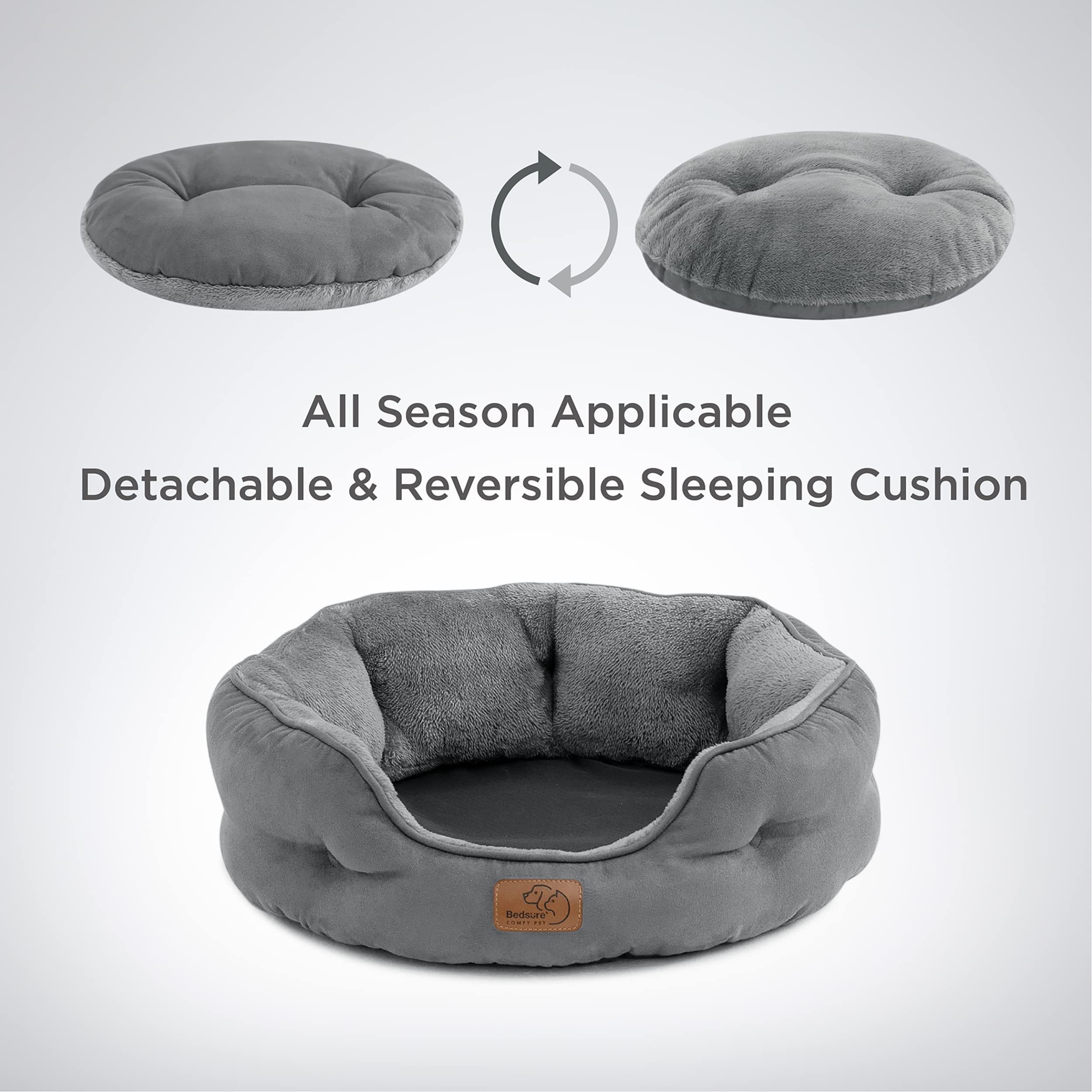 Bedsure Cat Bed for Indoor Cats - 51x48x15cm Round Washable Kitten Bed with Slip-Resistant Bottom and Reversible Cushion, Grey