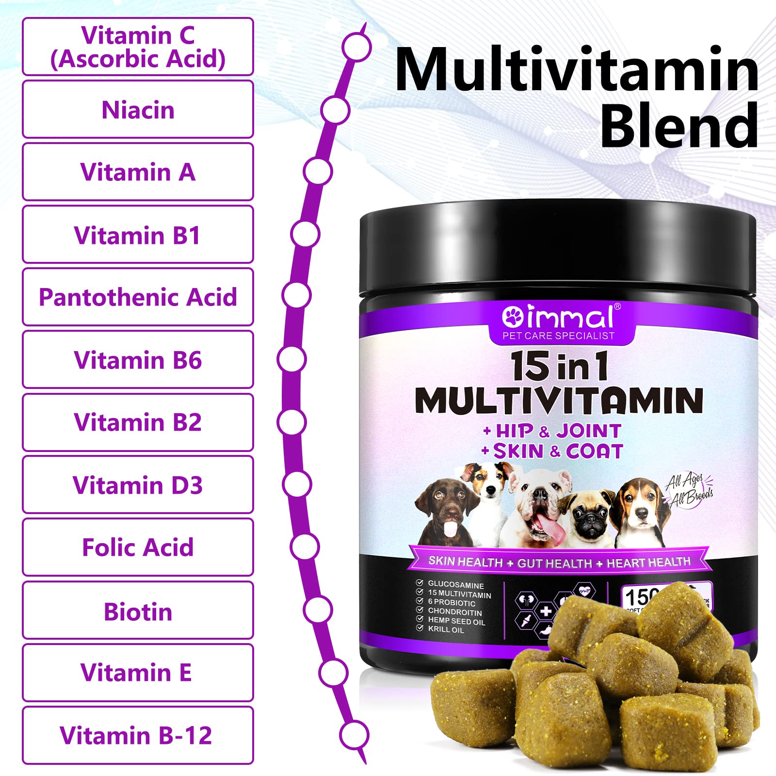 15 in 1 Dog Multivitamin Treats, 150 Chews Vitamins Supplements for Dogs, Hip & Joint Supplements, Immune System, Skin & Coat, Gut Health, Vitamins for Dogs of All Ages & Breeds, Duck Flavor