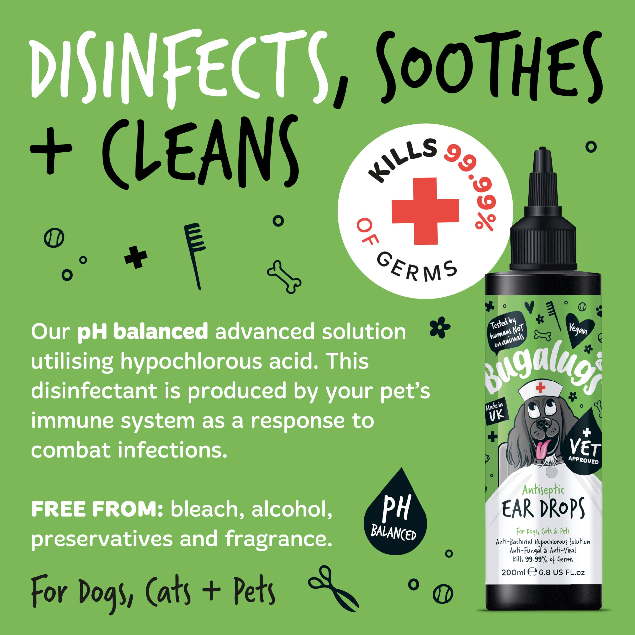 BUGALUGS Antiseptic Ear Drops 200ml – Ear Disinfection, Kills bacteria, Stops Odours, Scratching & Discomfort, Anti-fungal (Yeast), Veterinary-grade, for Dogs, Cats & all other animals