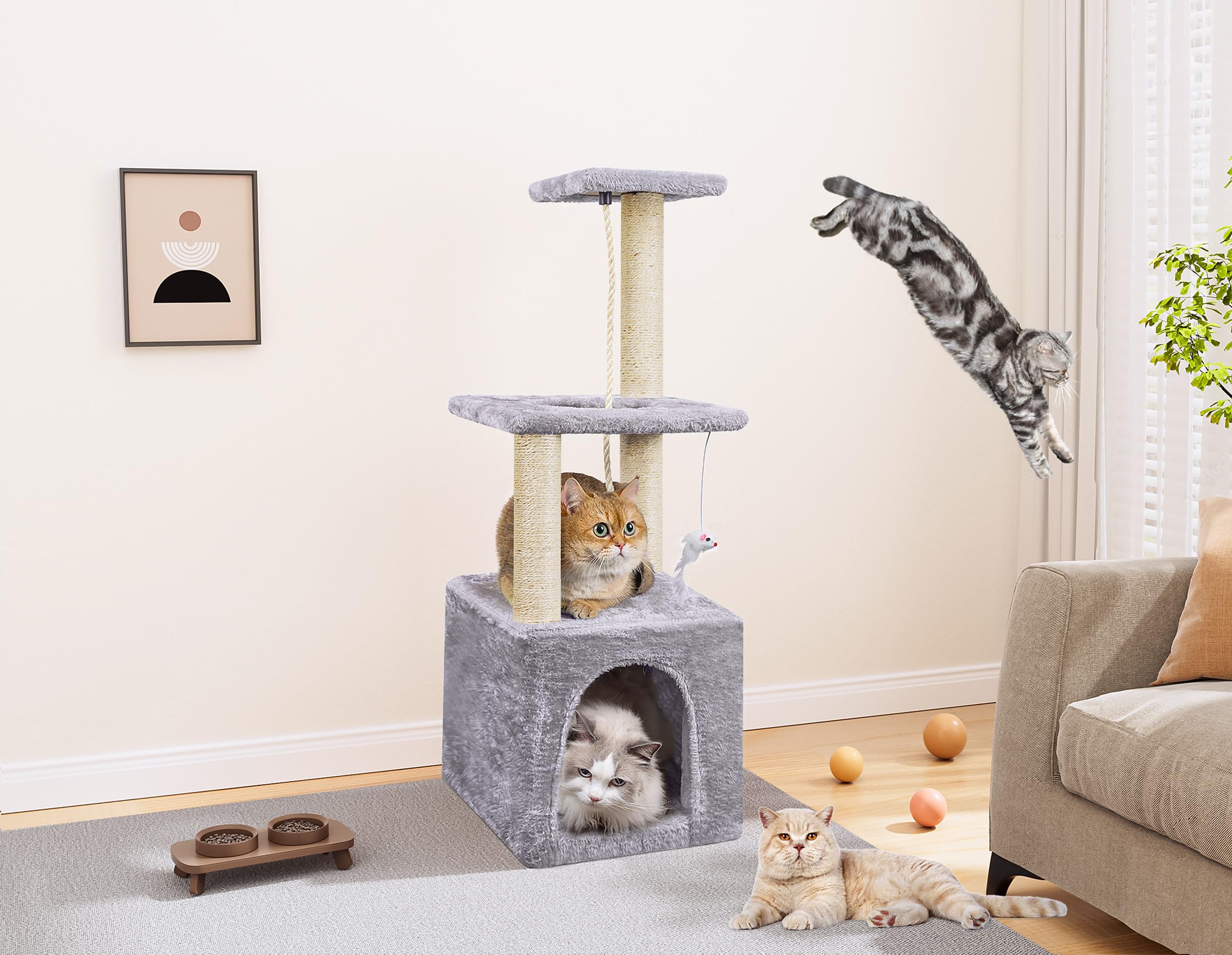 Cat Scratching Post, 90cm Cat Tree for Indoor Cats Multi-Level Stable Cat Tower for Climbing Playing and Relaxation, Grey