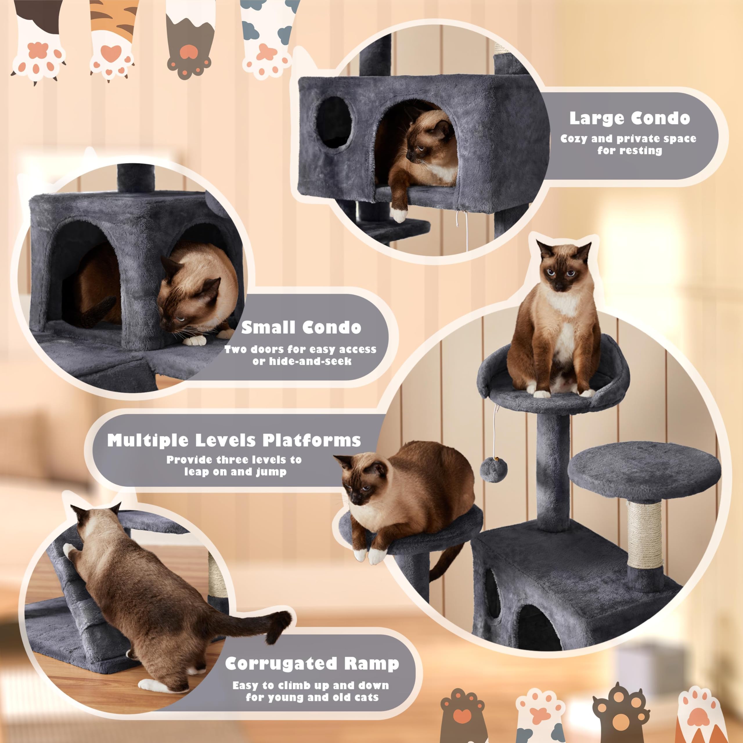 Yaheetech 138.5cm Cat Tree Tower Scratching Posts Multilevel Cat Climbing House with Condos & Ladder Pet Activity Centre for Indoor Kittens, Dark Grey
