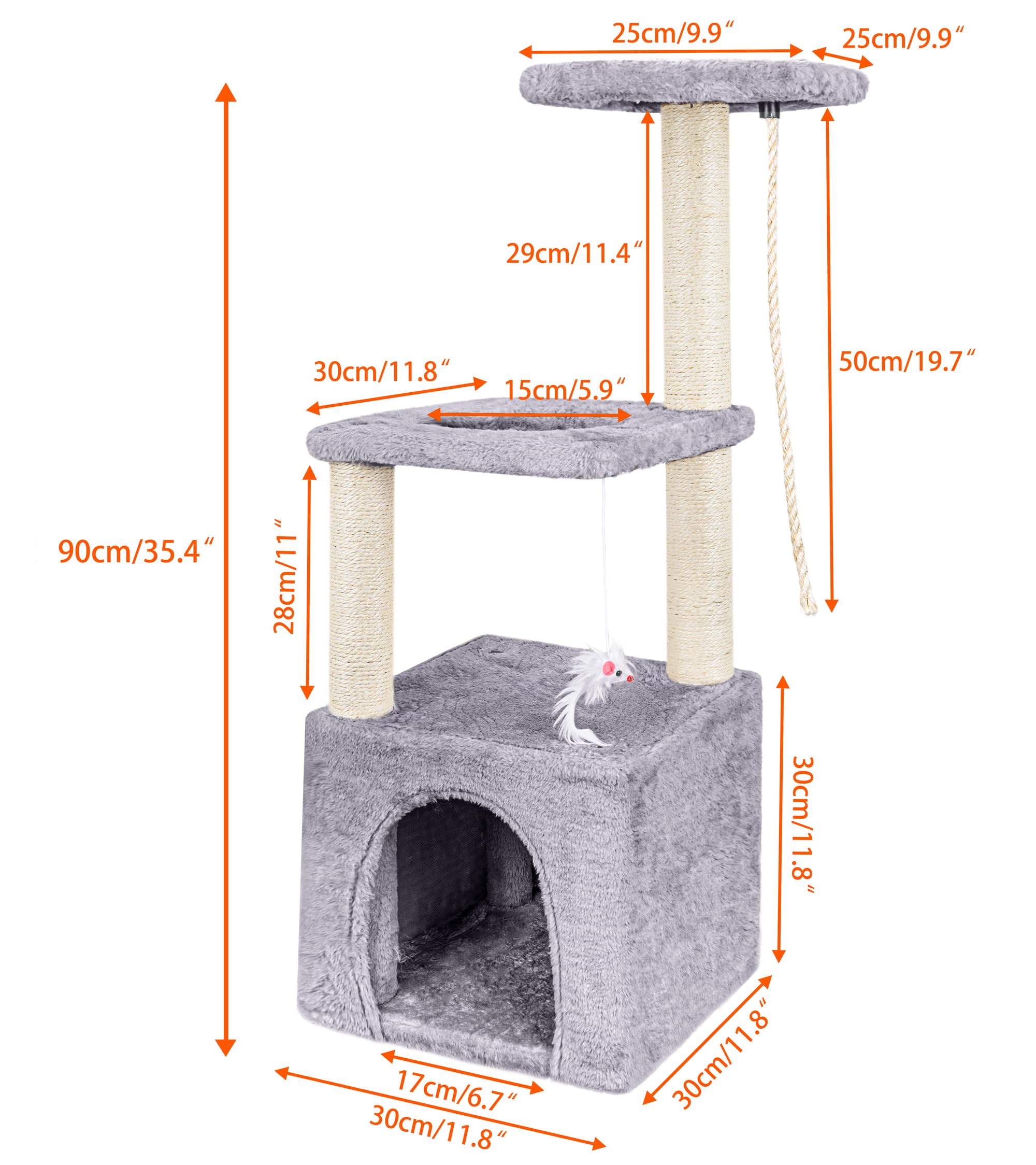 Cat Scratching Post, 90cm Cat Tree for Indoor Cats Multi-Level Stable Cat Tower for Climbing Playing and Relaxation, Grey
