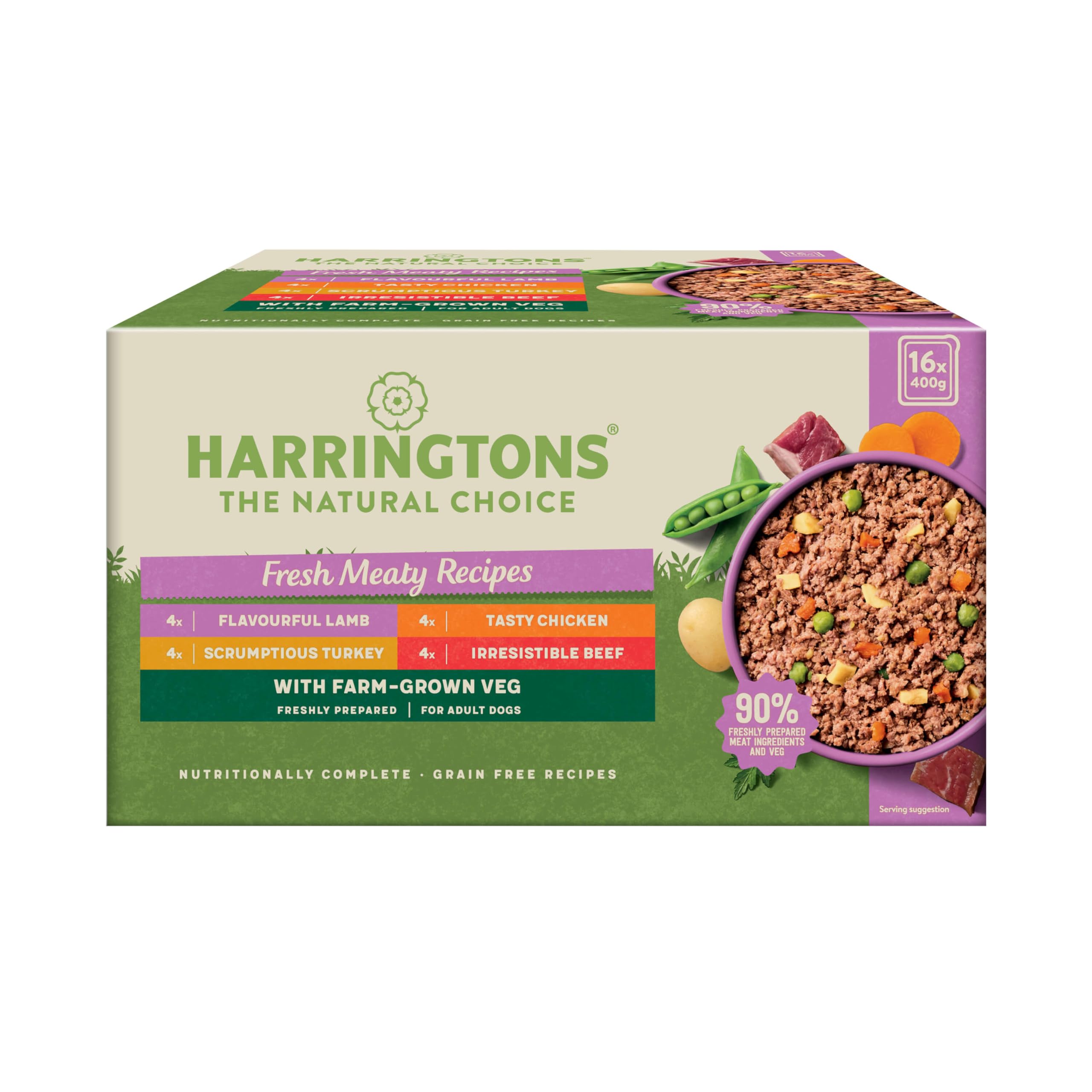 Harringtons Complete Wet Tray Grain Free Hypoallergenic Adult Dog Food Meaty Bumper Pack 16x400g - Chicken, Lamb, Beef & Turkey - Made with All Natural Ingredients (Package may vary)