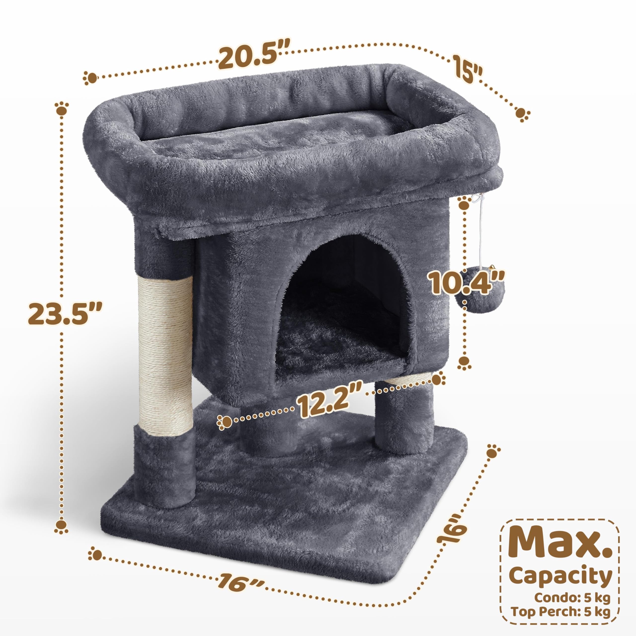 Yaheetech 59cm Basic Cat Tree Tower, Cat Scratching Post w/Oversized Perches, Condo and Hanging Ball, Pet Furniture House for Cats Kittens Pets, Dark Grey