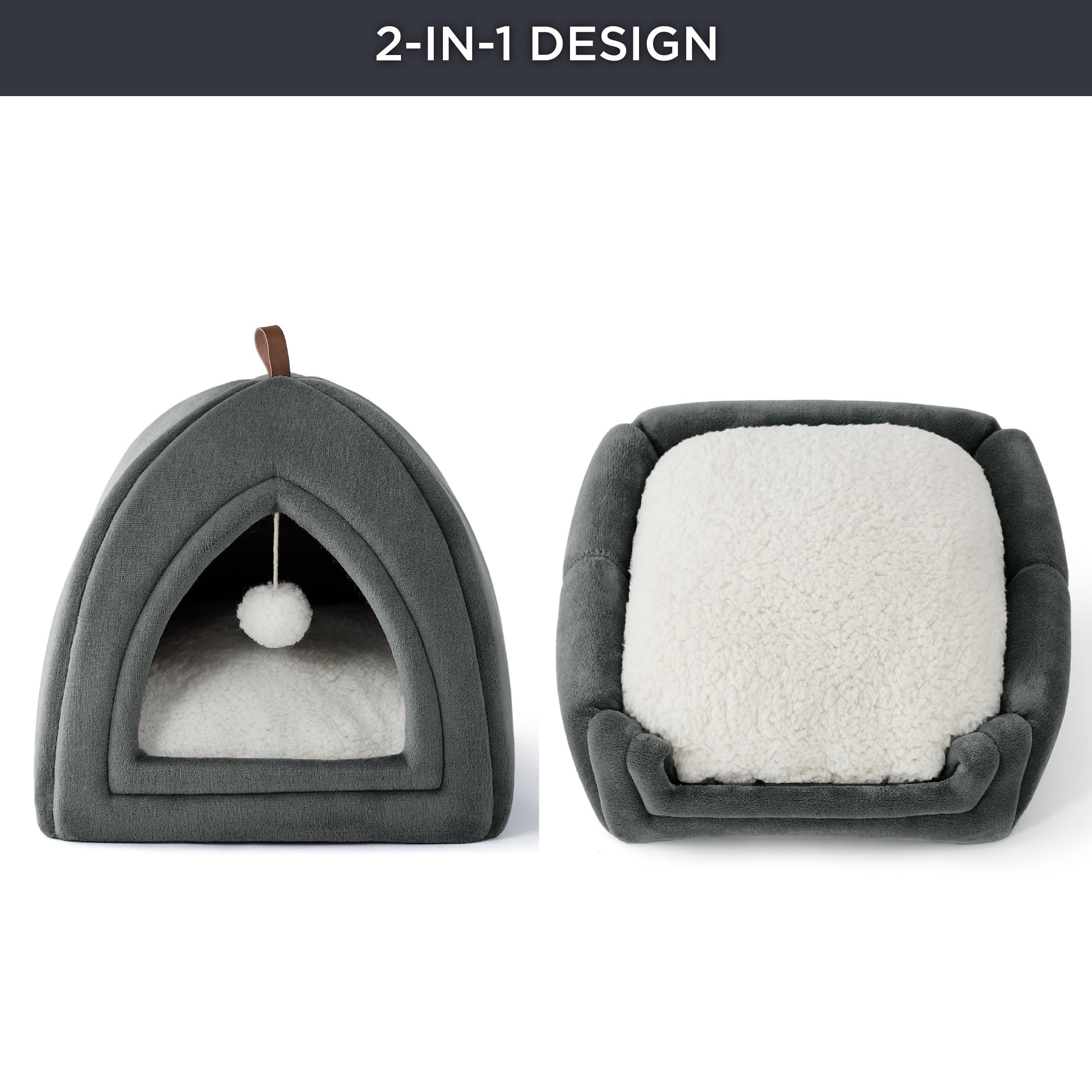 Bedsure Cat Cave Bed Indoor - Flannel Hooded Cat Igloo House, 40x40x40cm Enclosed Foldable Pet Bed with Removable Washable Cushion Pillow, Dark Grey