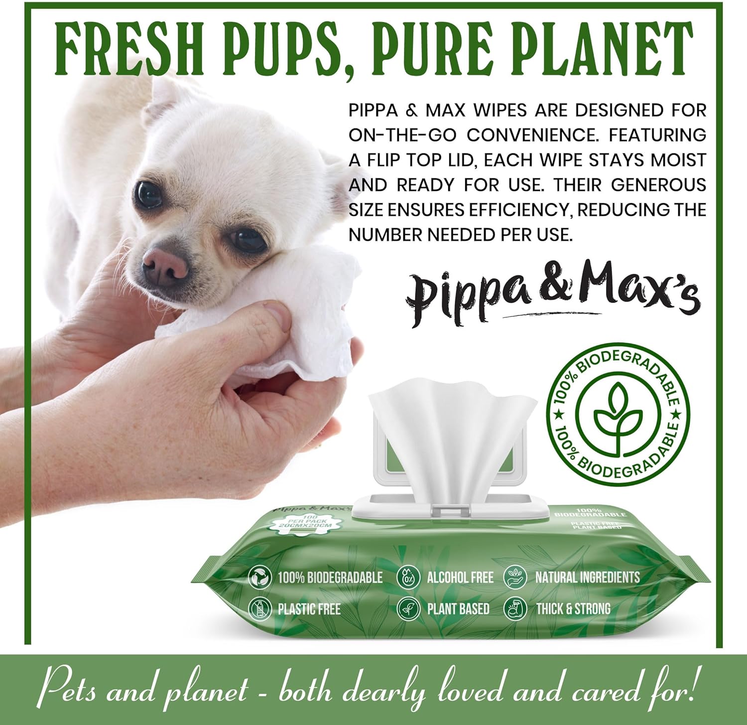 Pippa & Max Compostable Dog Wipes - Biodegradable Pet Wipes for Full Body, Eyes, Ears, Bum & Paws - 100 Sensitive Grooming Wipes for Dogs, Puppies & Cats (Fragrance-Free)