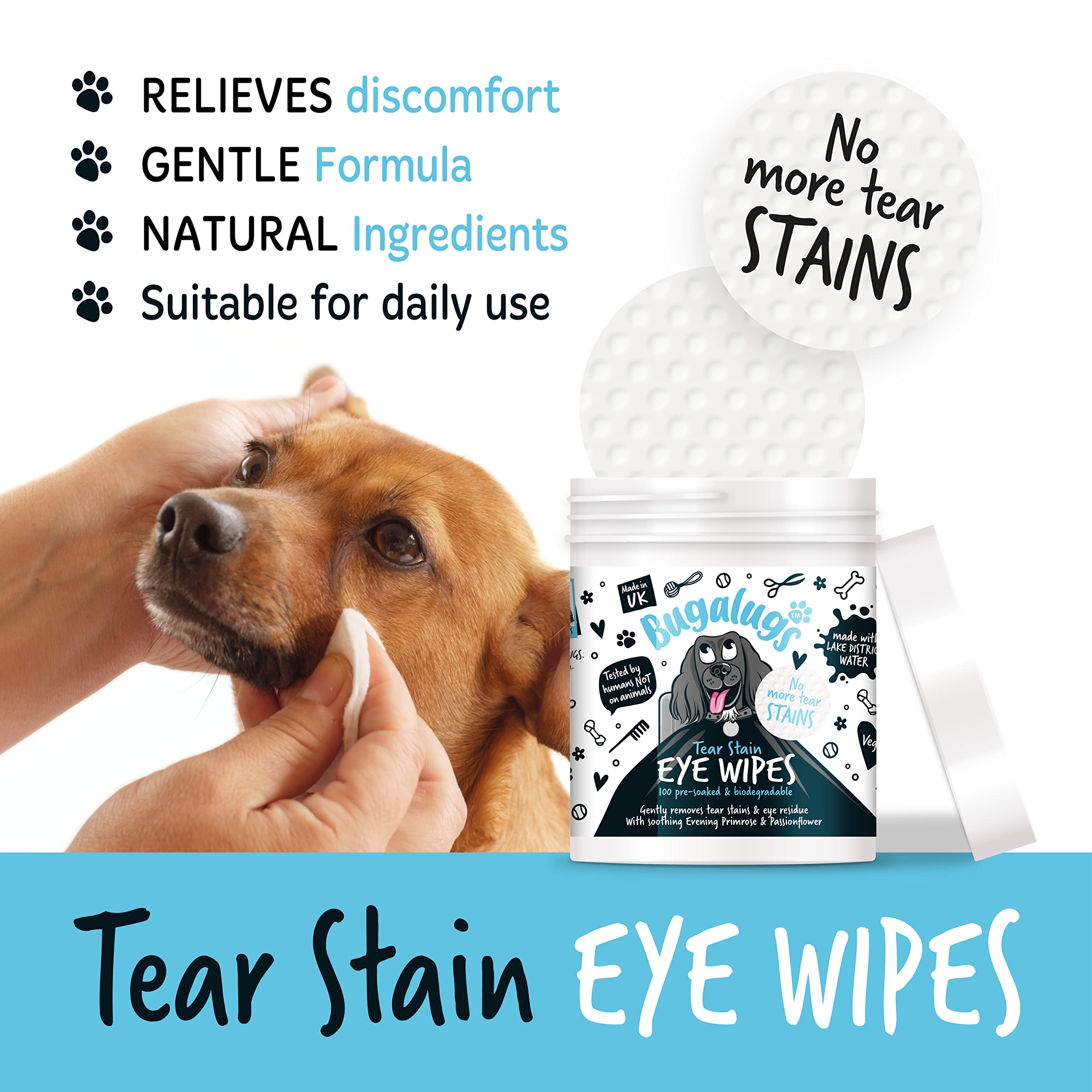 BUGALUGS Dog Eye Wipes 100 Biodegradable textured pre-soaked Dog Wipes. Safe & Easy Cleaning For Dogs - Pet Eye Wipes Remove Tear Stains, Dog Eye Crust & Eye Discharge