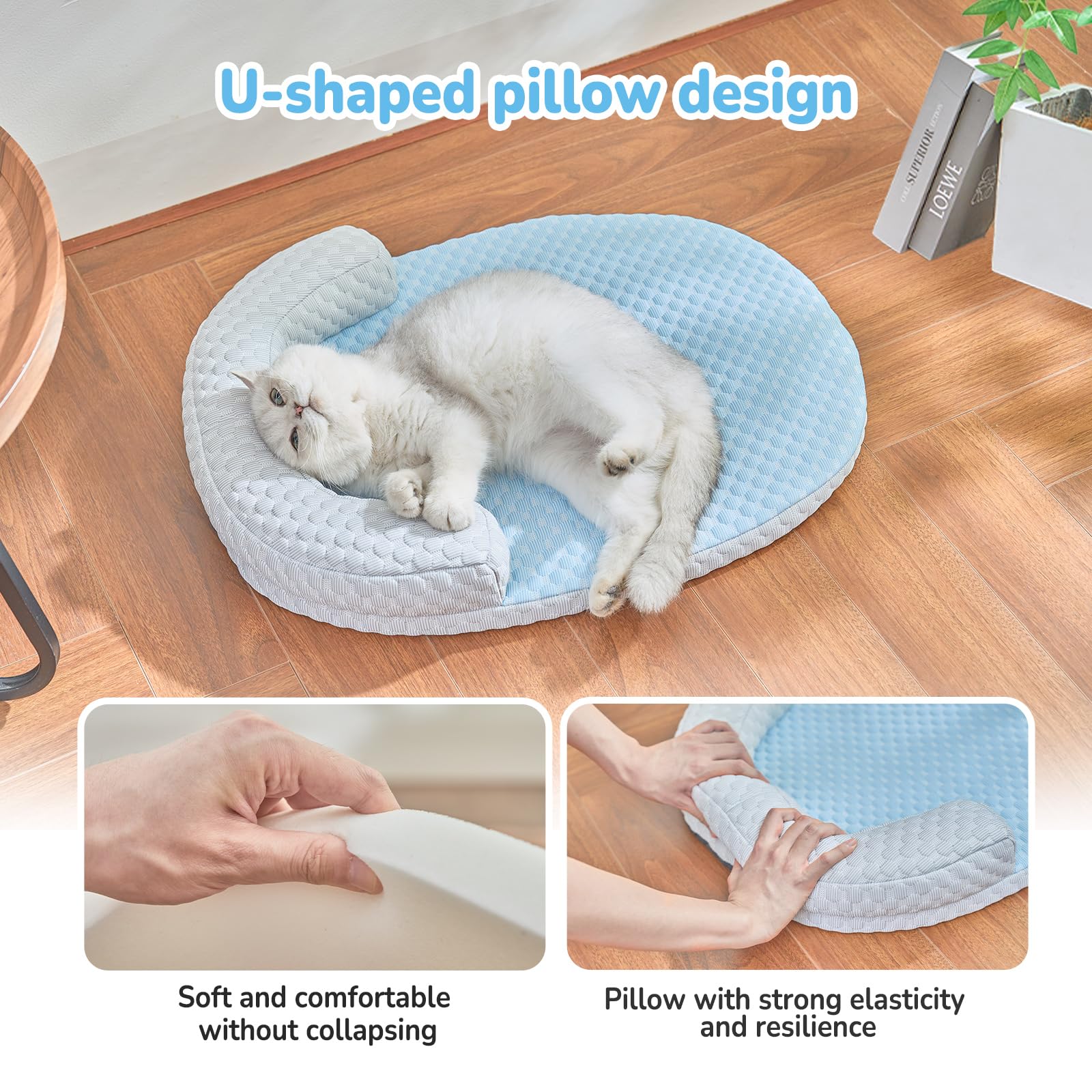 CATISM Cool Pet Mat - Cat Cooling Bed with Pillow, Washable Dog Cat Cooling Mat for Indoor Pets Non-Slip Large Kitty Nest (60 * 45cm, blue)